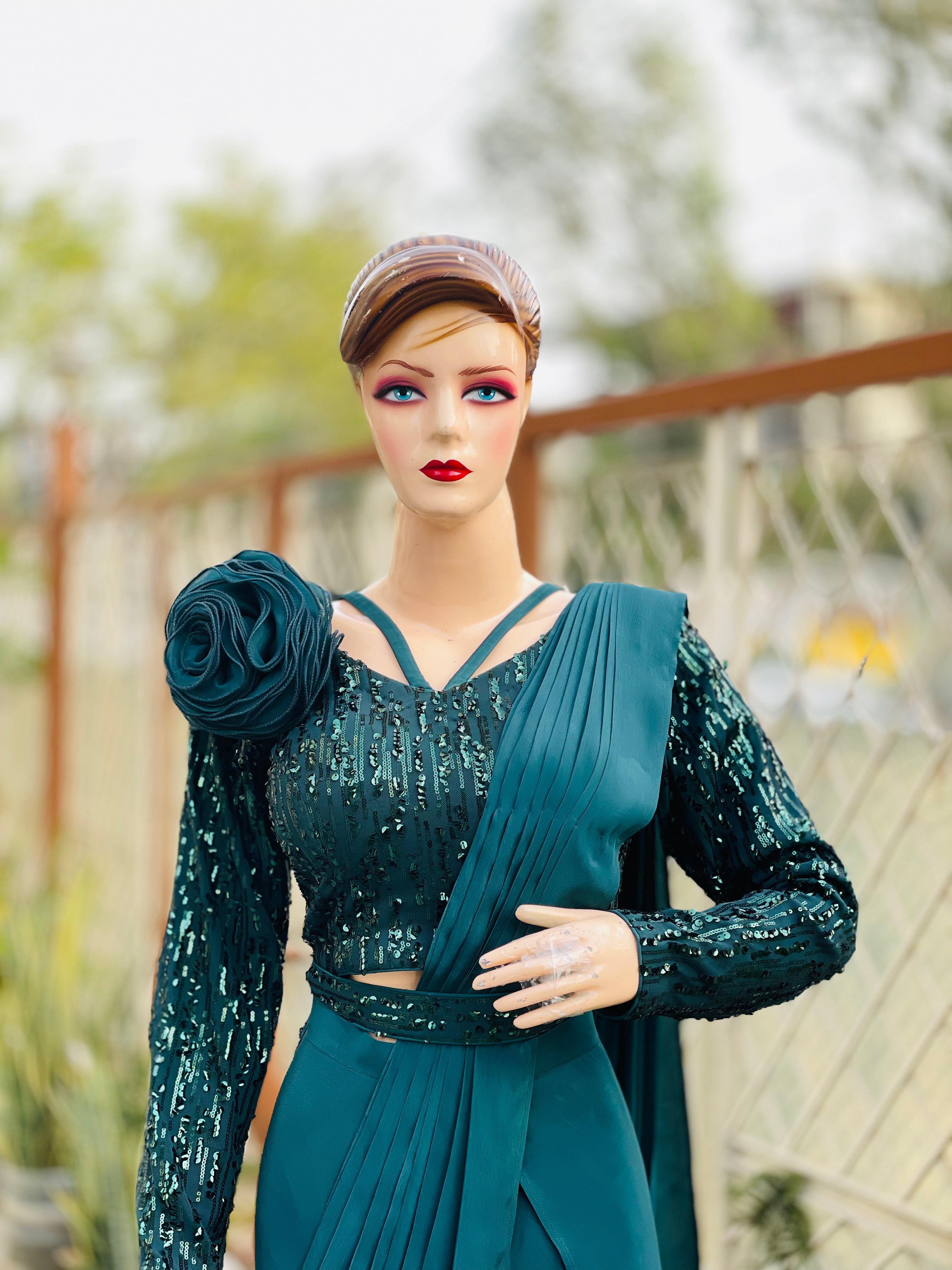 Forest Green Crepe Sequin Saree