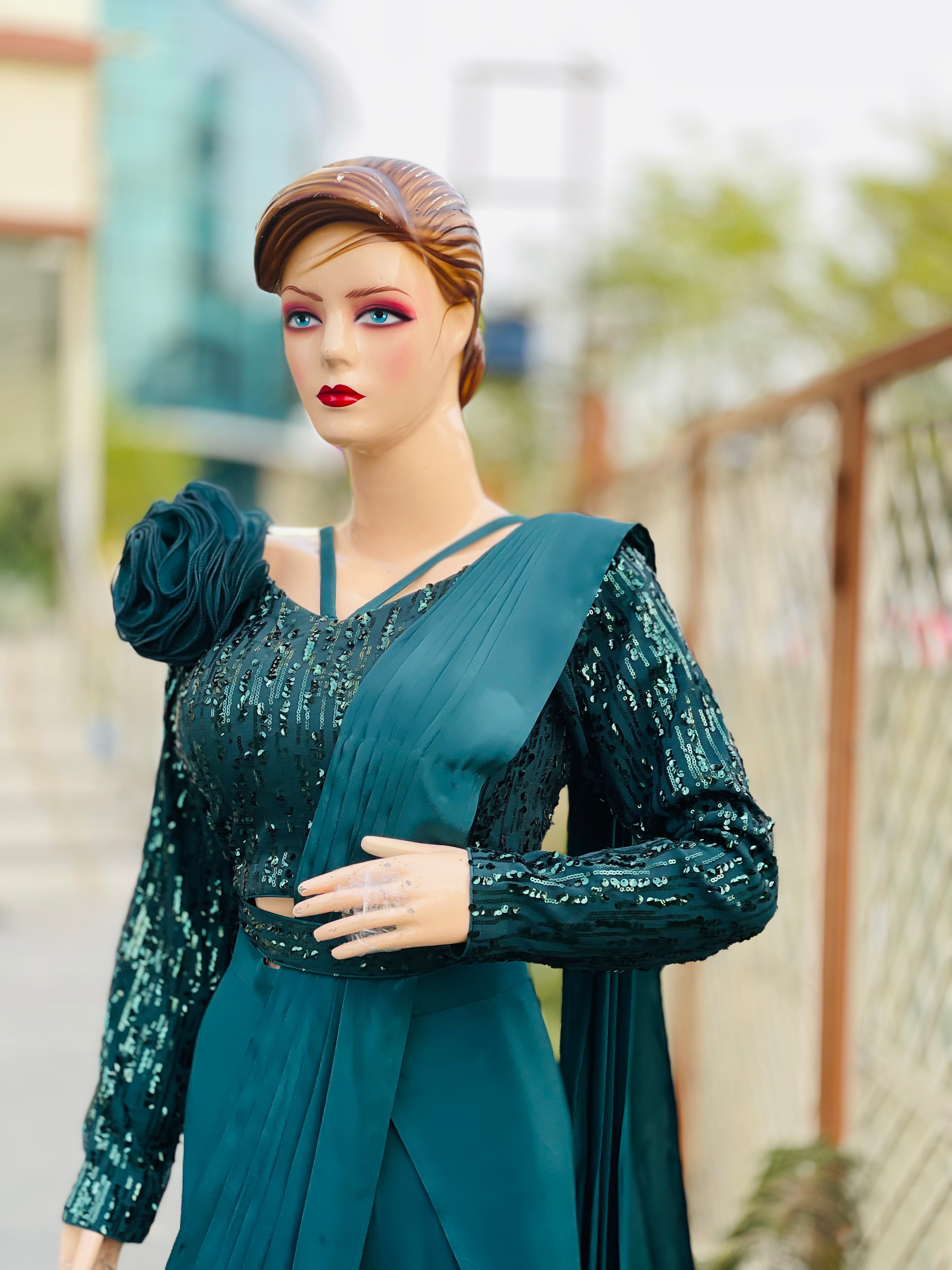 Forest Green Crepe Sequin Saree