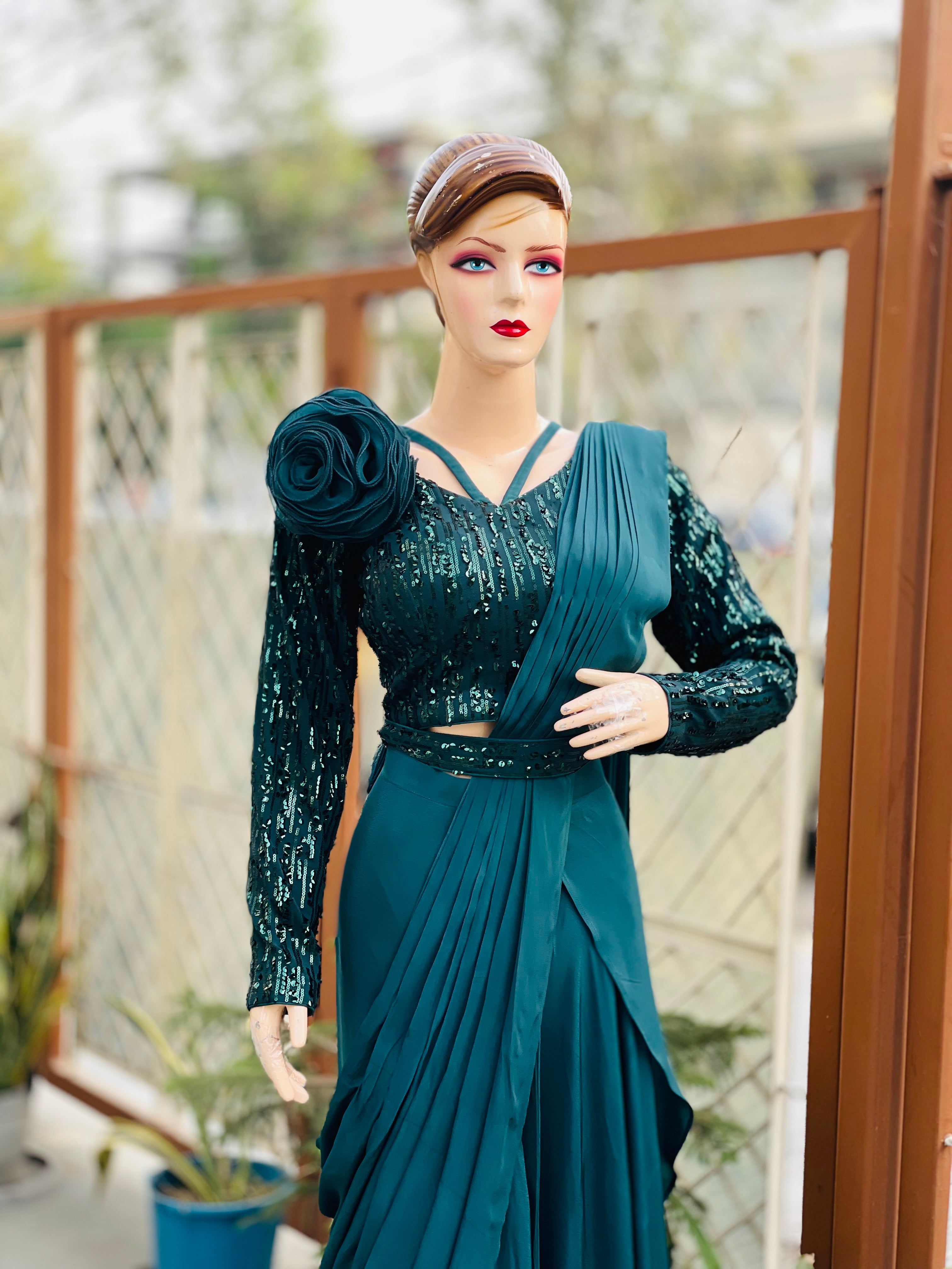 Forest Green Crepe Sequin Saree