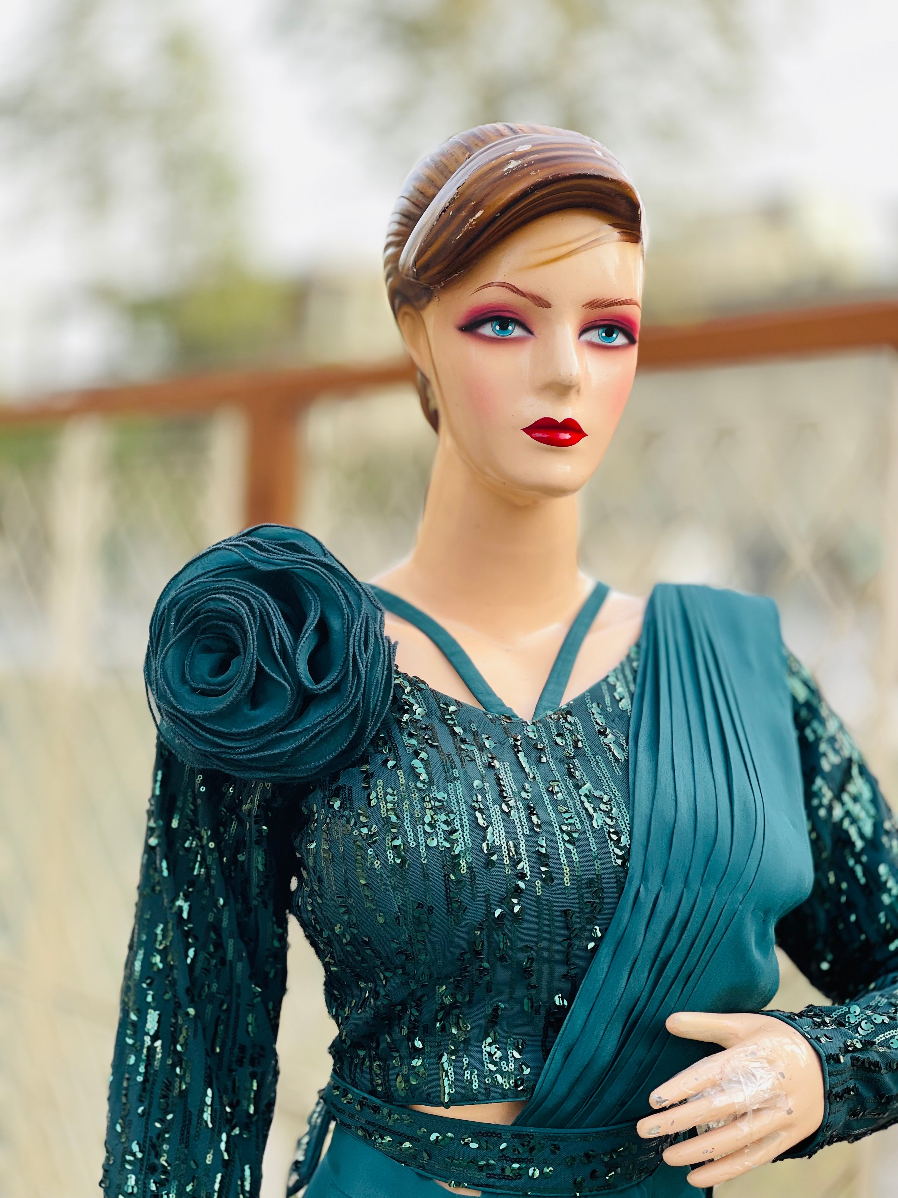 Forest Green Crepe Sequin Saree