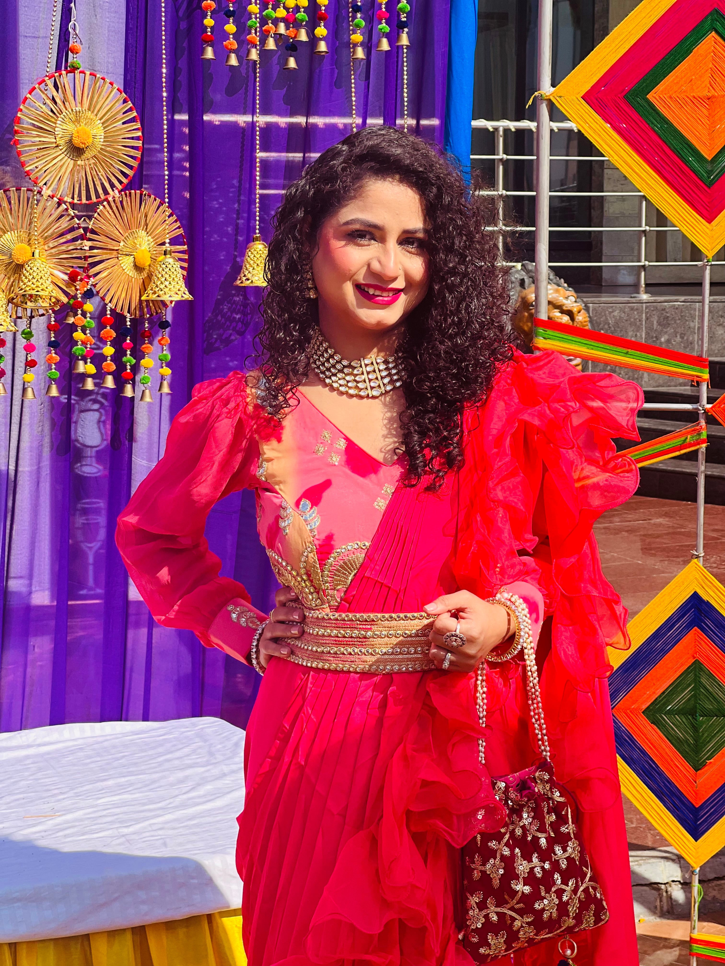 Carrot Pink Drape Saree Gown