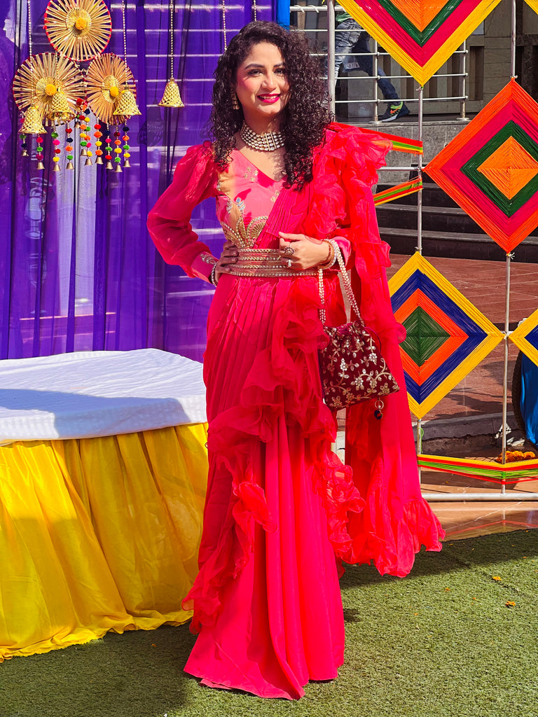 Embroidered cape with drape saree gown set  Dheeru Taneja