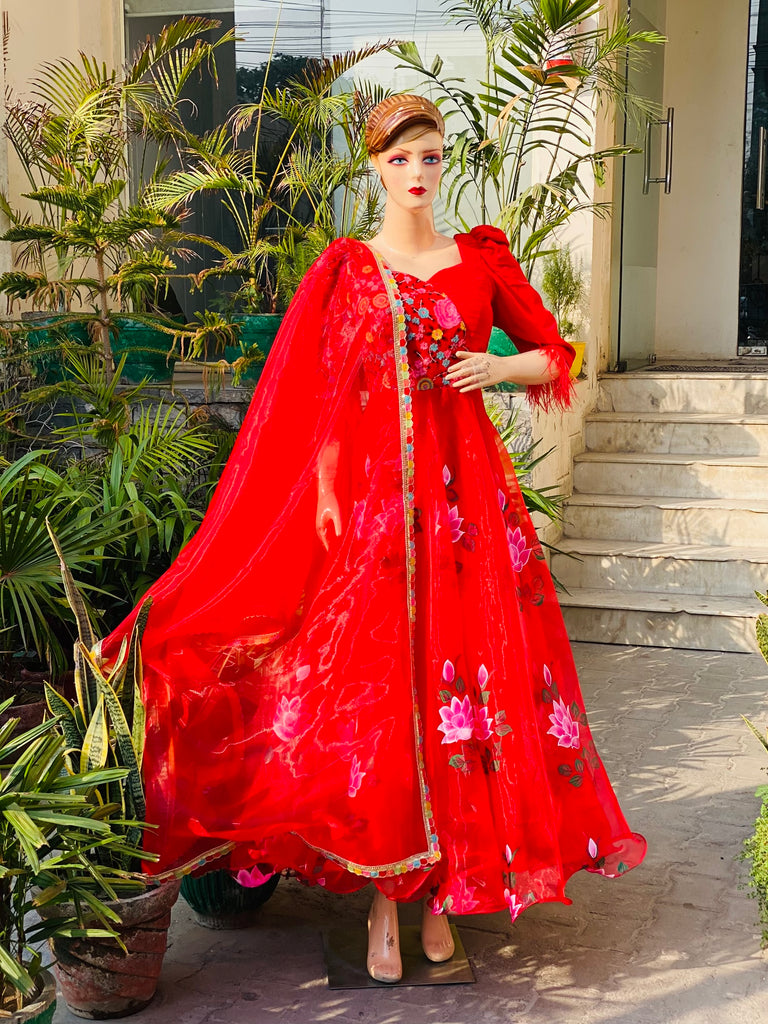Red Hand Painted Anarkali
