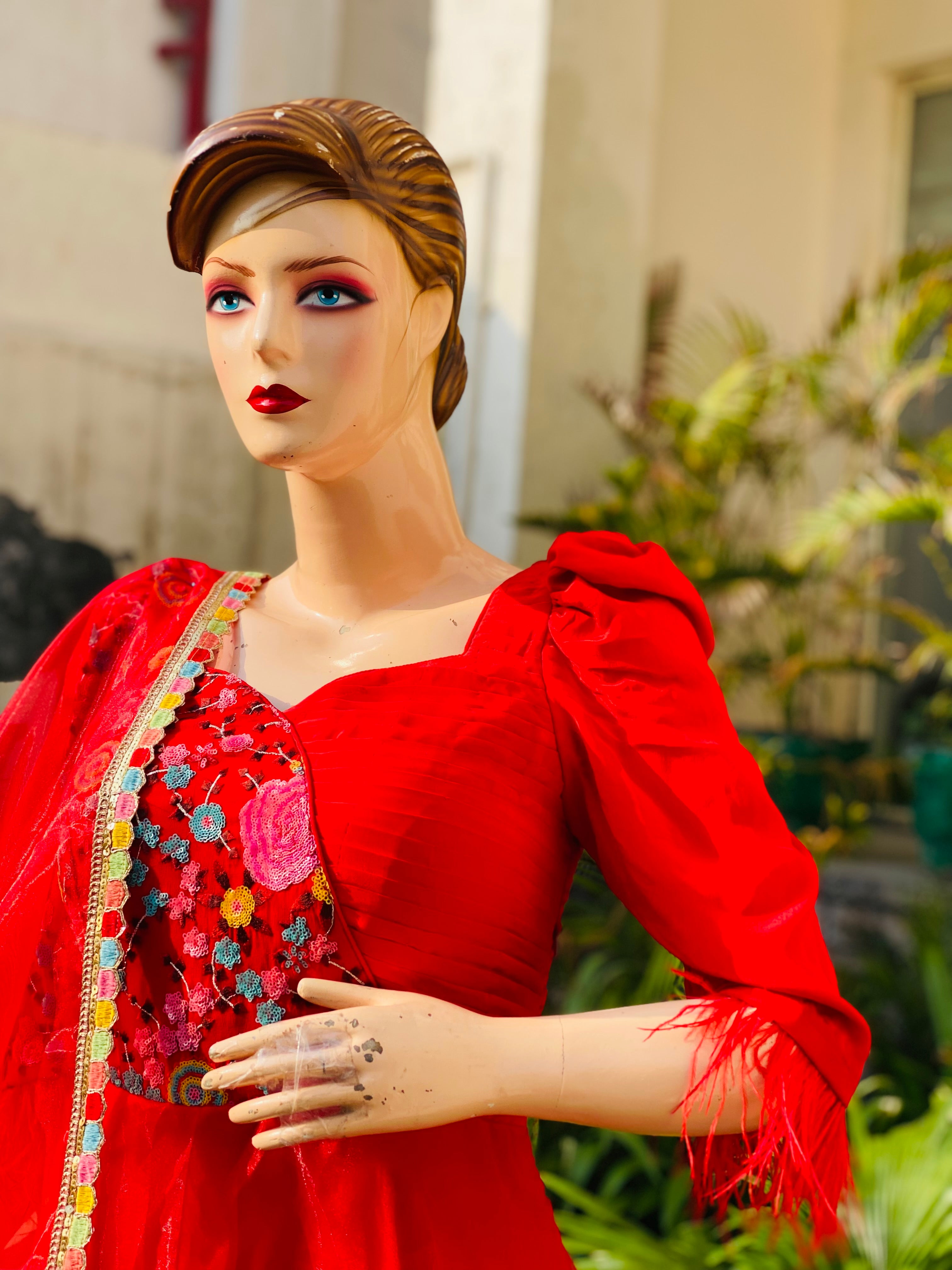 Red Hand Painted Anarkali