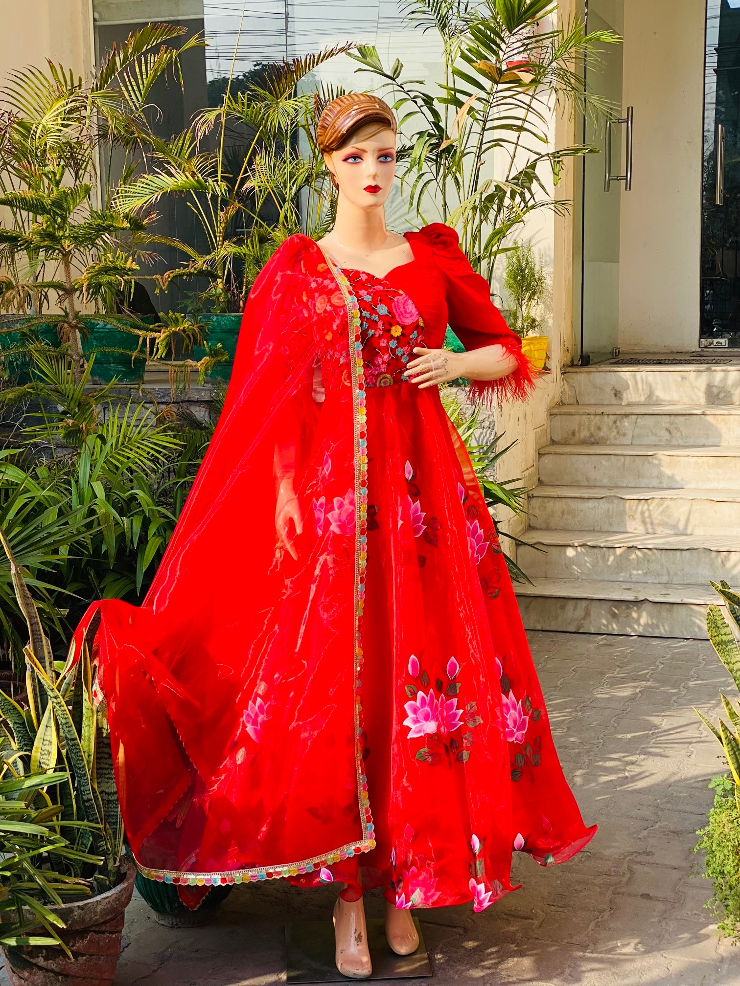 Red Hand Painted Anarkali
