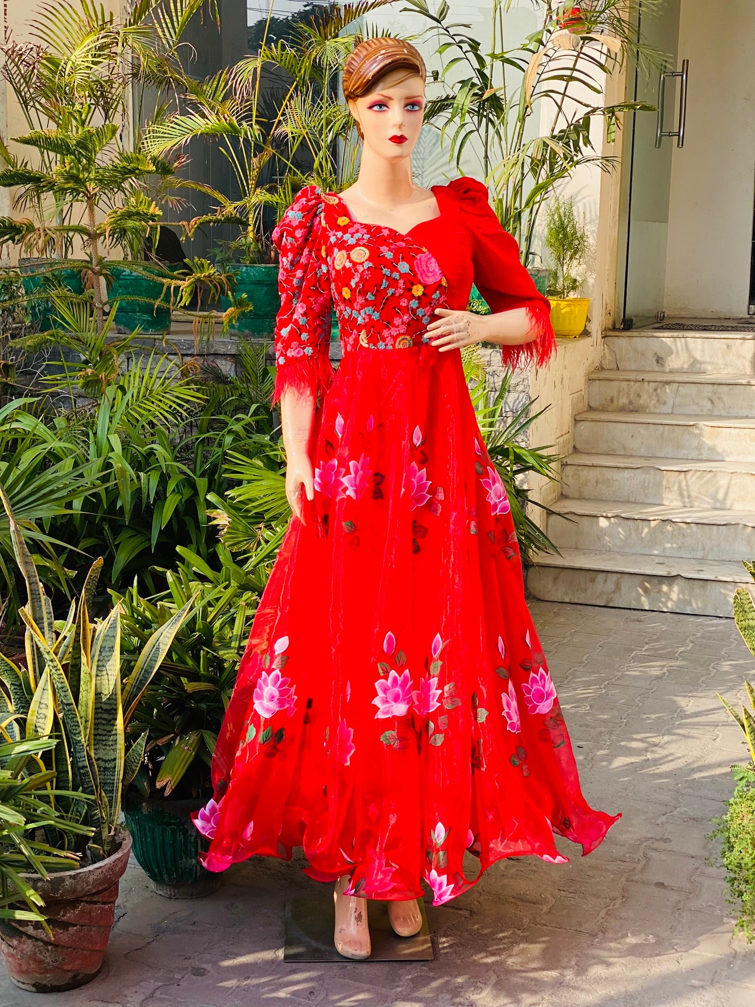 Red Hand Painted Anarkali