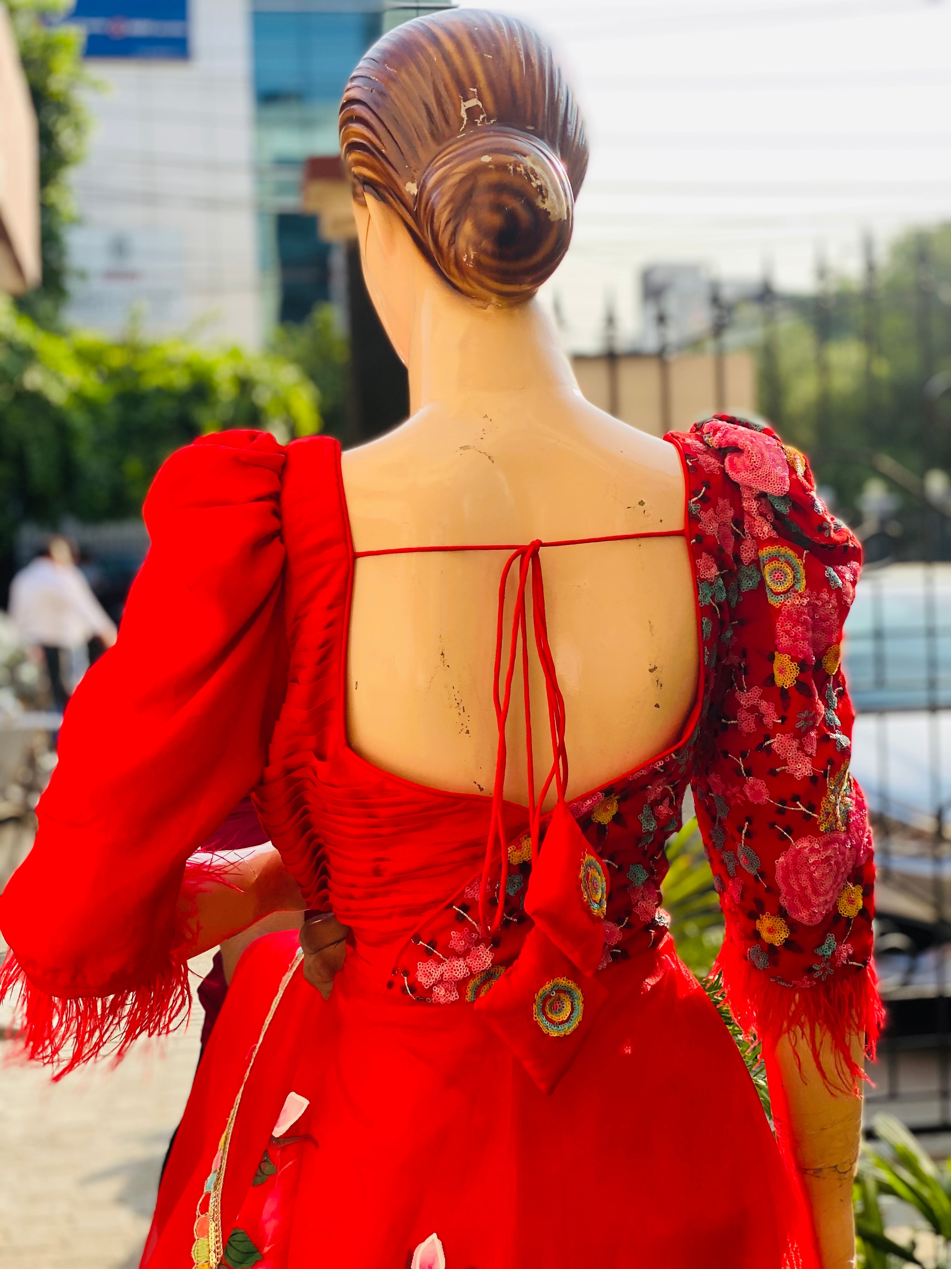 Red Hand Painted Anarkali