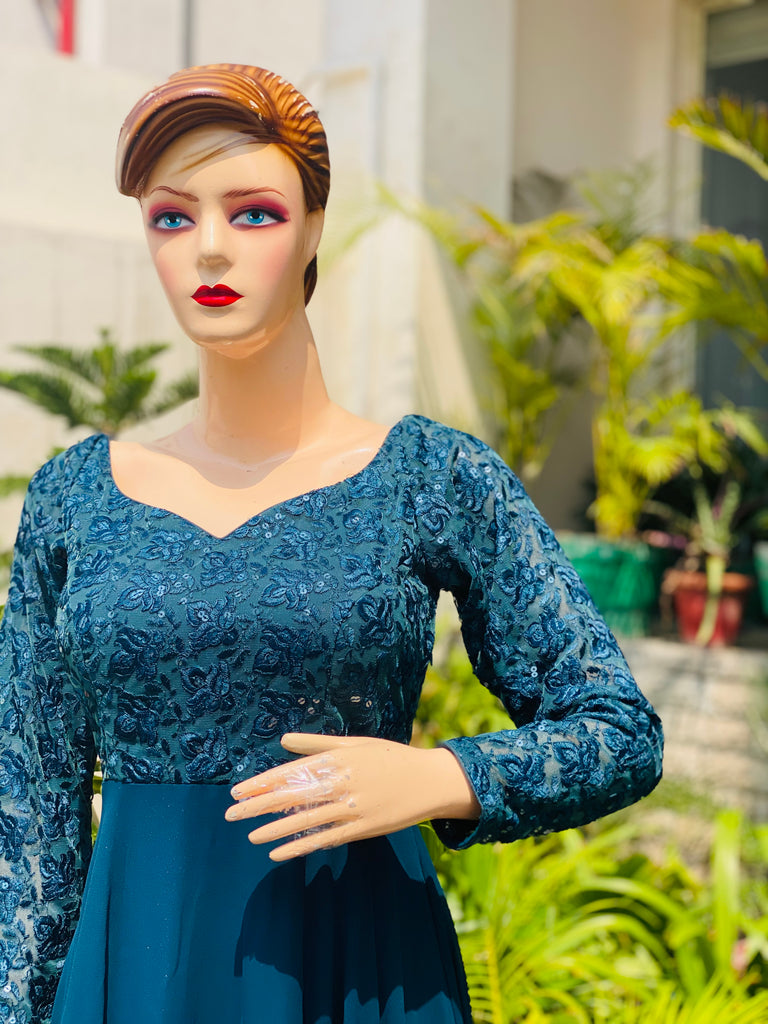 Peacock Blue Embroidered Georgette Gown with Dupatta - SKH3102