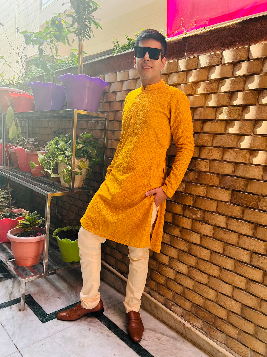 Menswear Yellow Chikankari Kurta