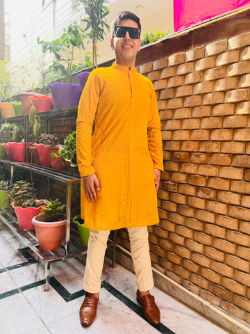 Menswear Yellow Chikankari Kurta
