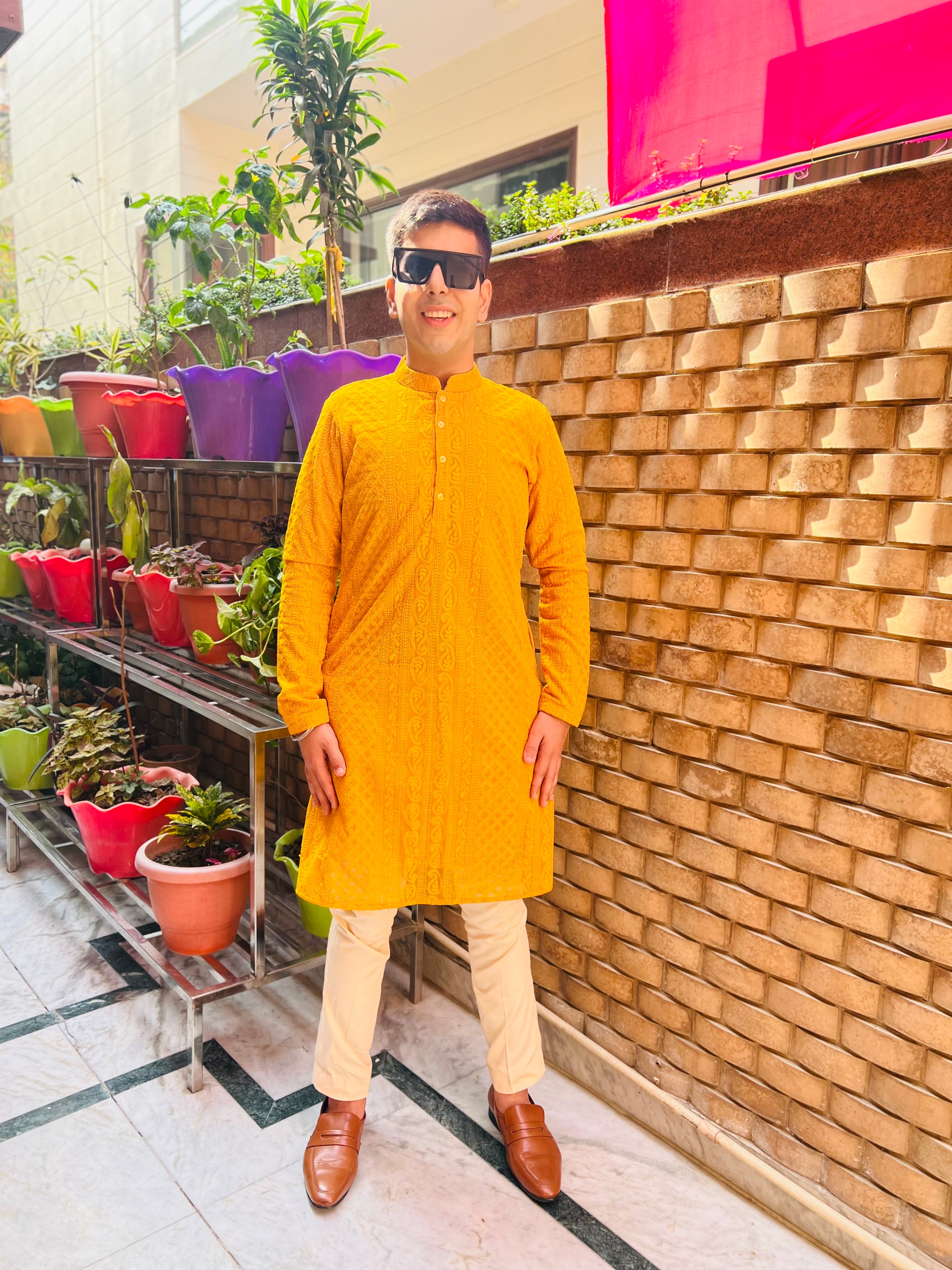 Menswear Yellow Chikankari Kurta