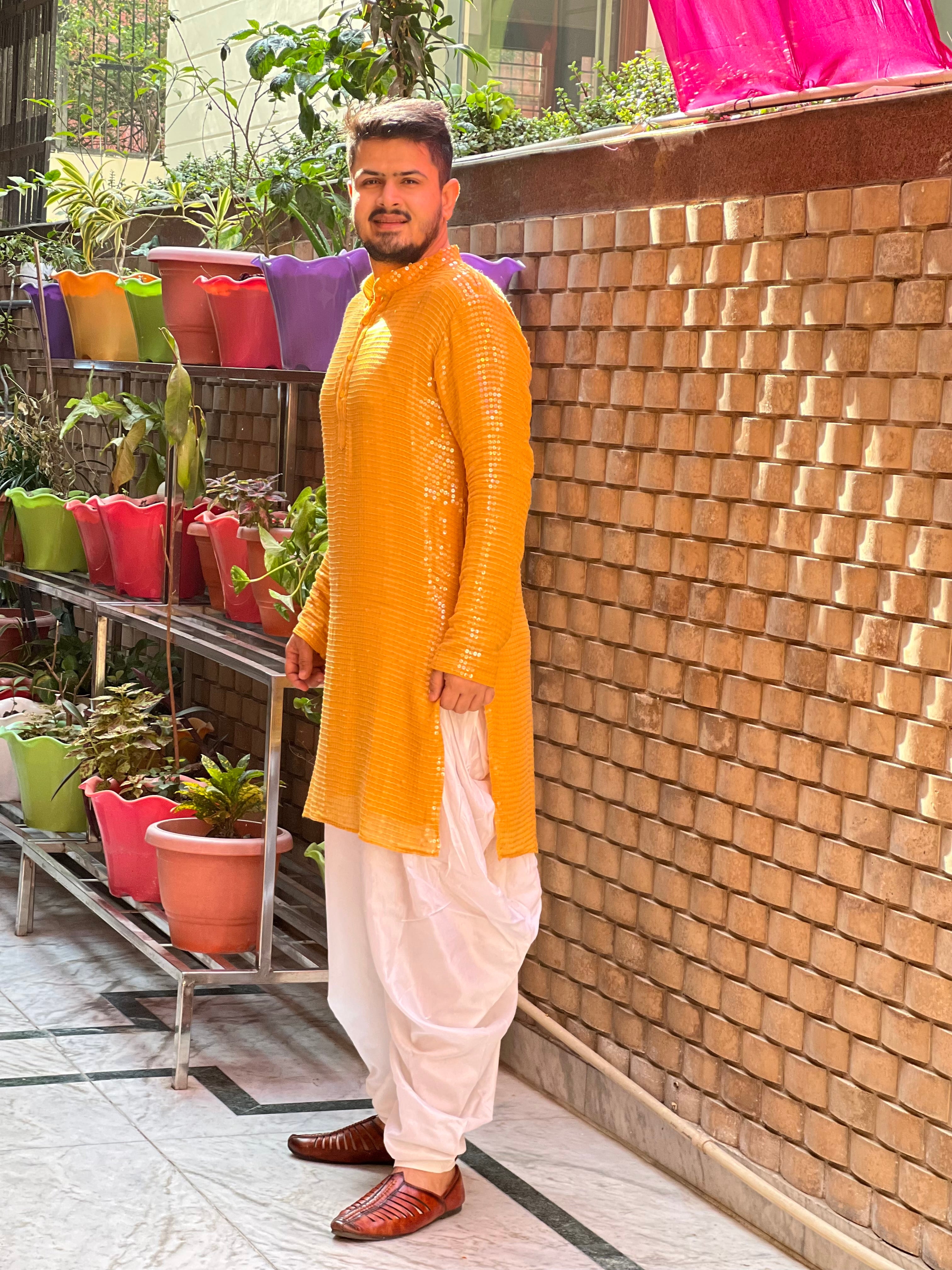Menswear Yellow Sequin Kurta Set