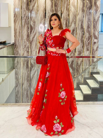 Red Hand Painted Organza Lehenga