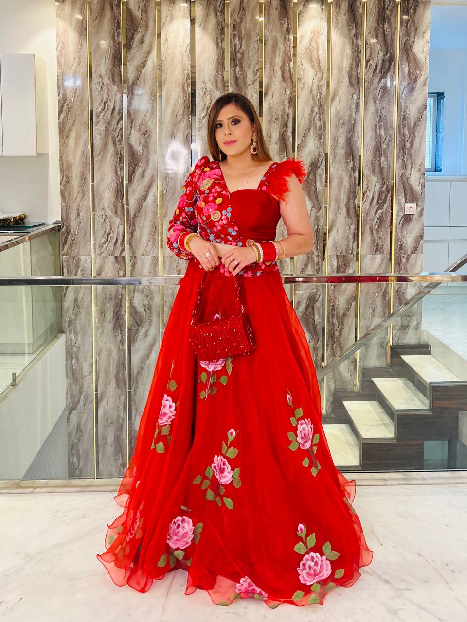 Red Hand Painted Organza Lehenga