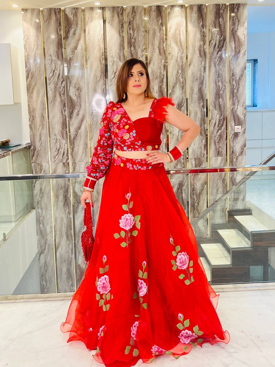 Red Hand Painted Organza Lehenga