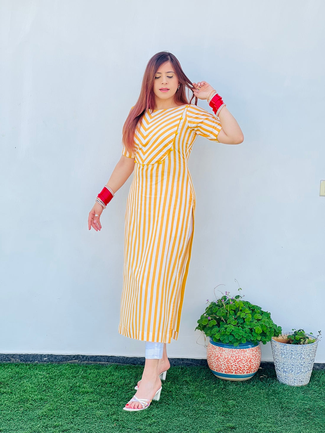 Yellow & White Stripes Kurti