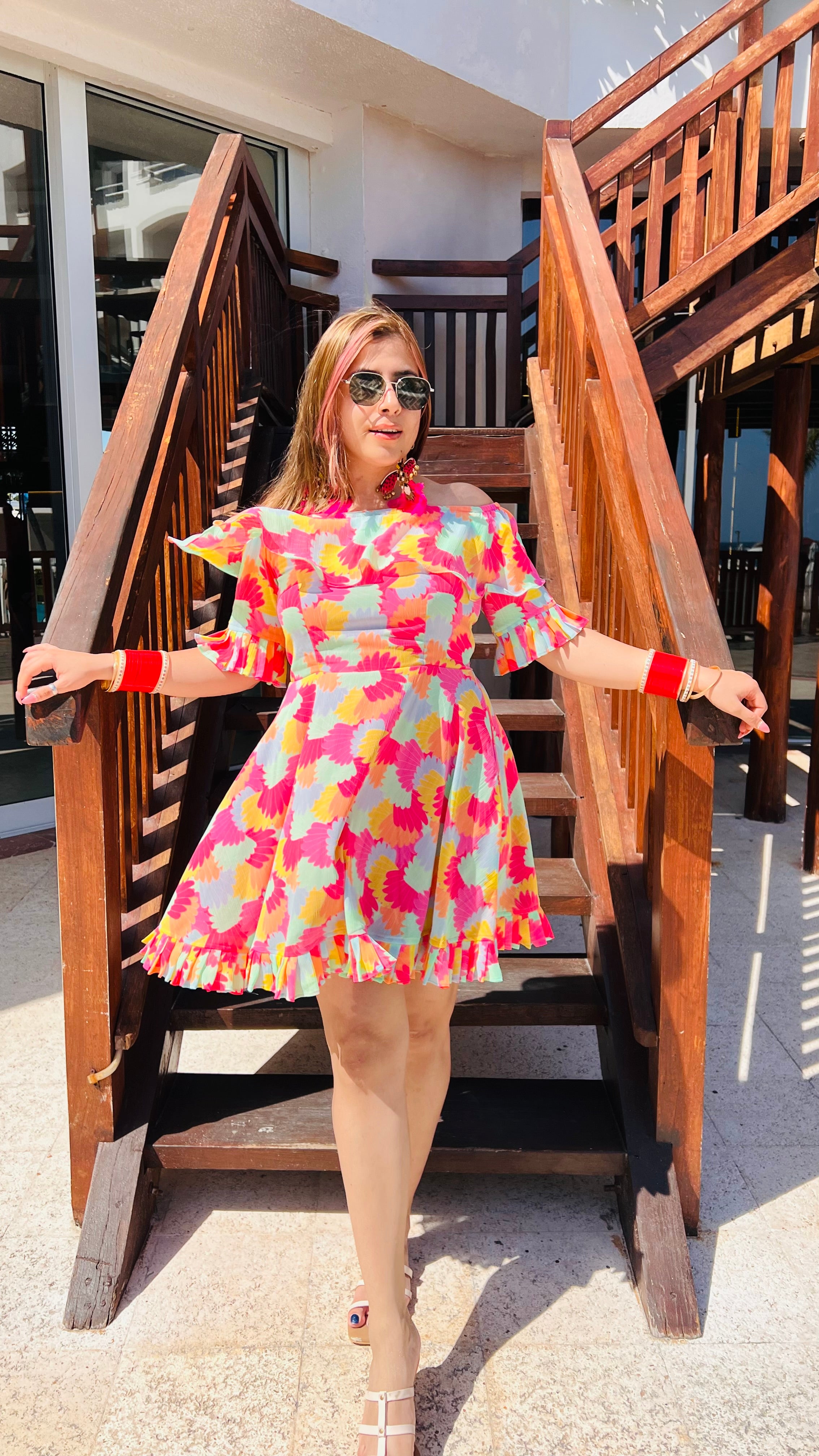 Pink Fish Fin Off Shoulder Dress