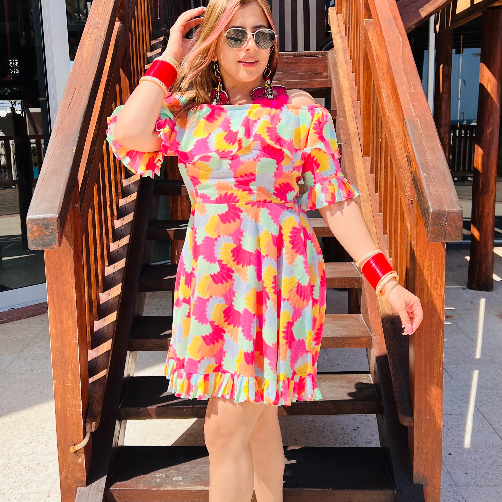 Pink Fish Fin Off Shoulder Dress