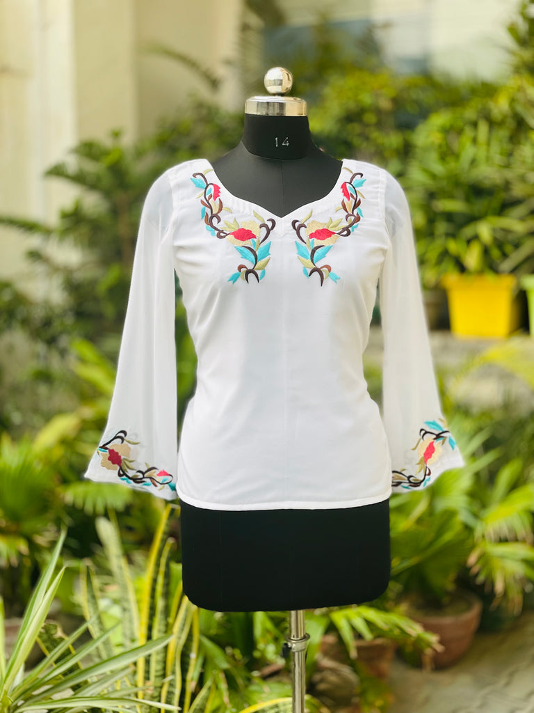 White Colorful embroidered Top