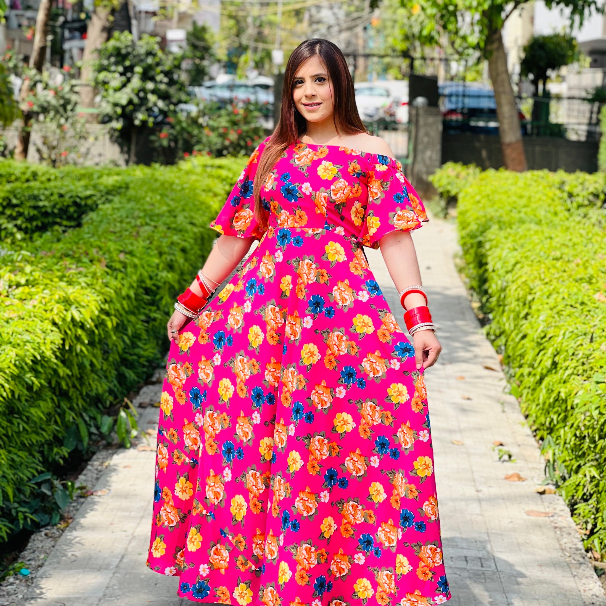 Pink Floral Off Shoulder Maxi