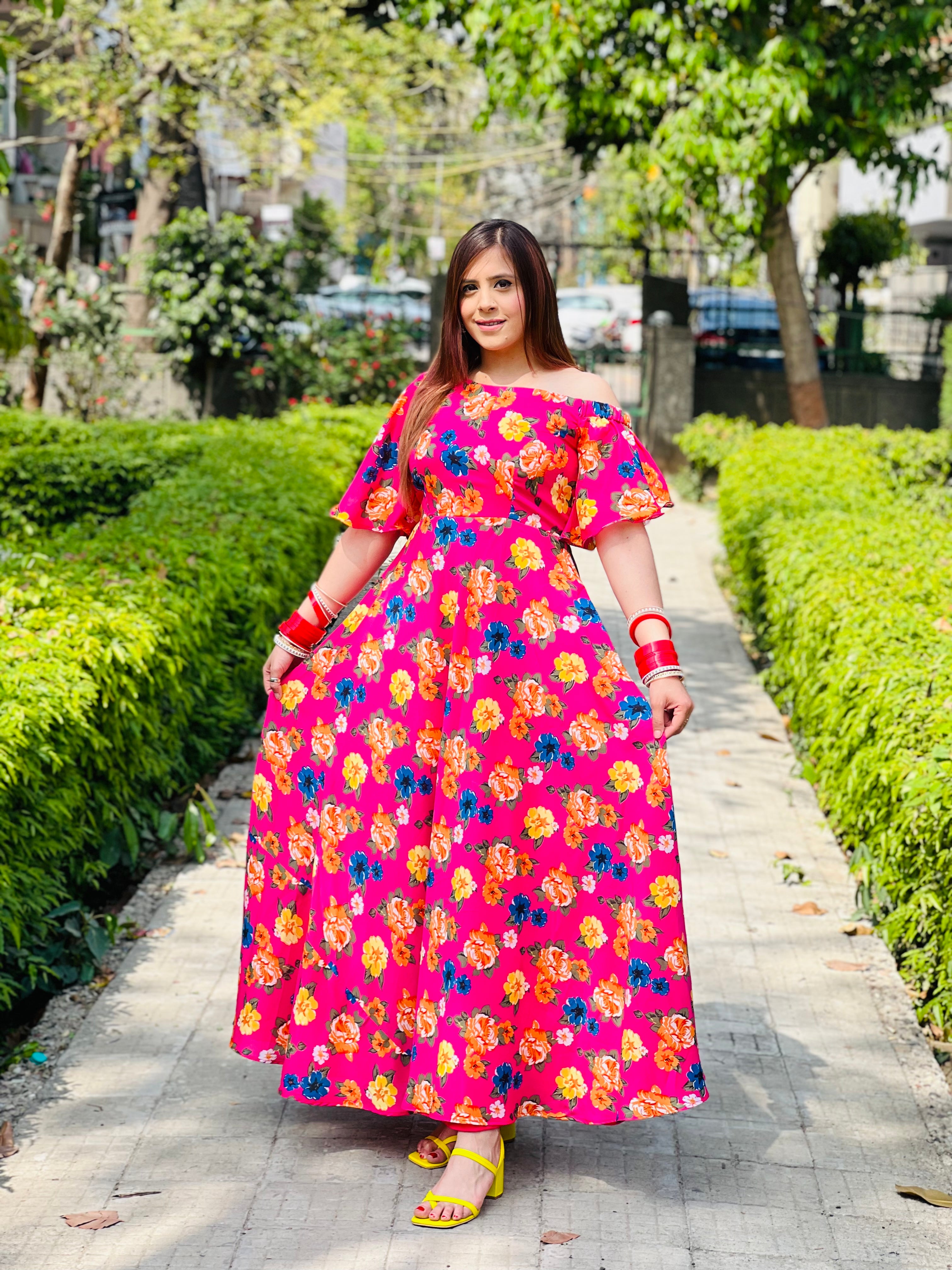 Pink Floral Off Shoulder Maxi