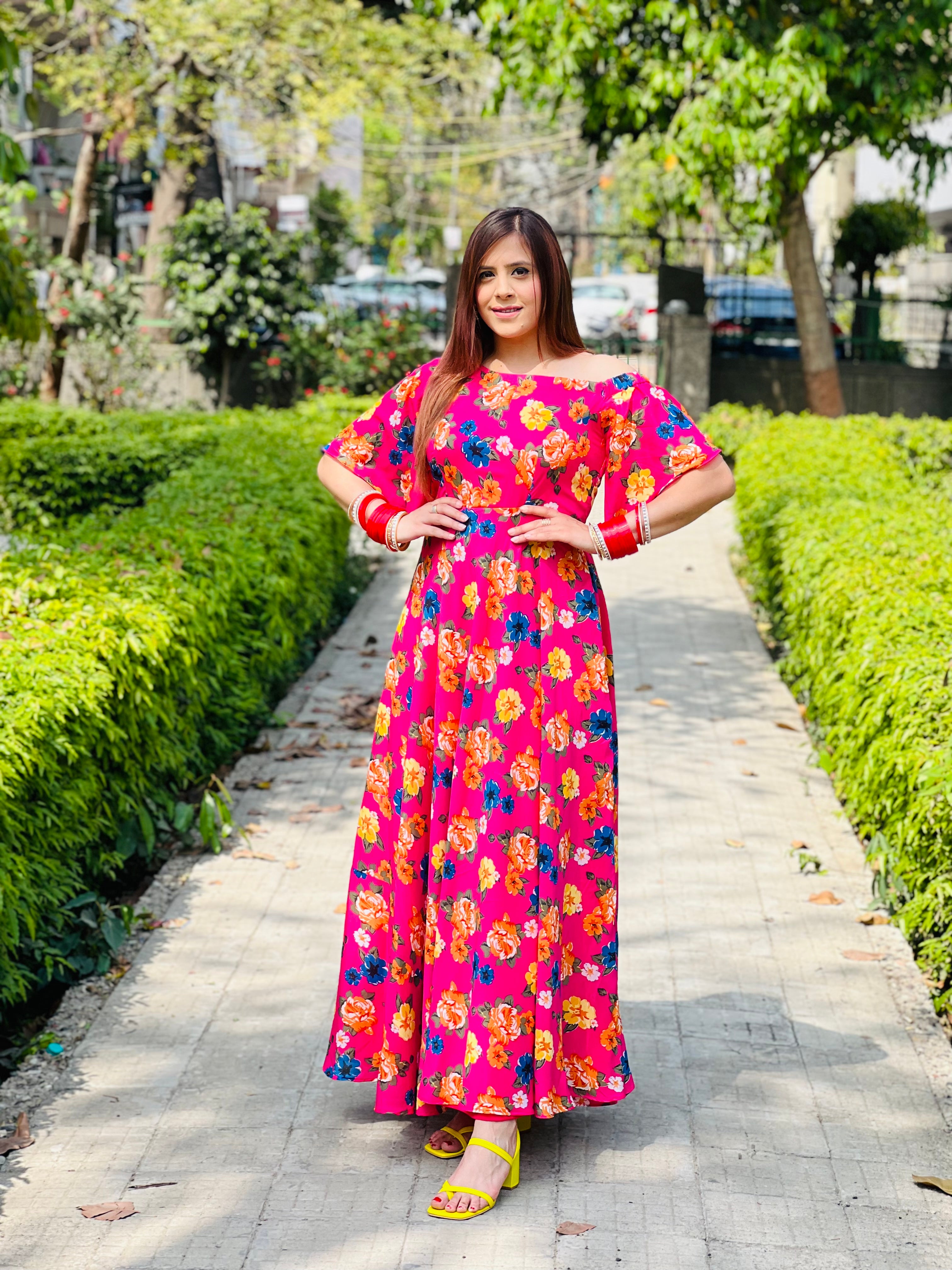 Pink Floral Off Shoulder Maxi