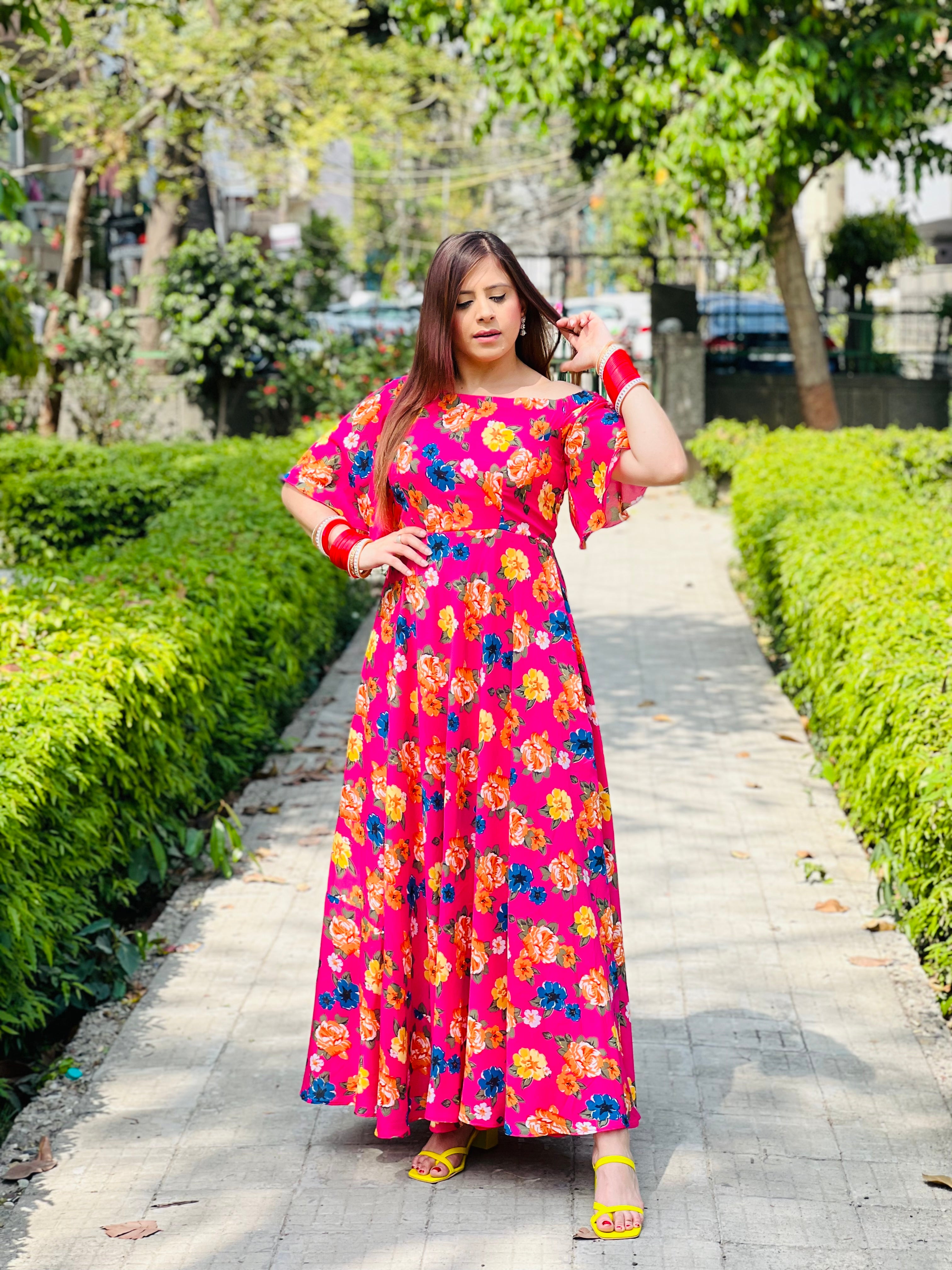 Pink Floral Off Shoulder Maxi