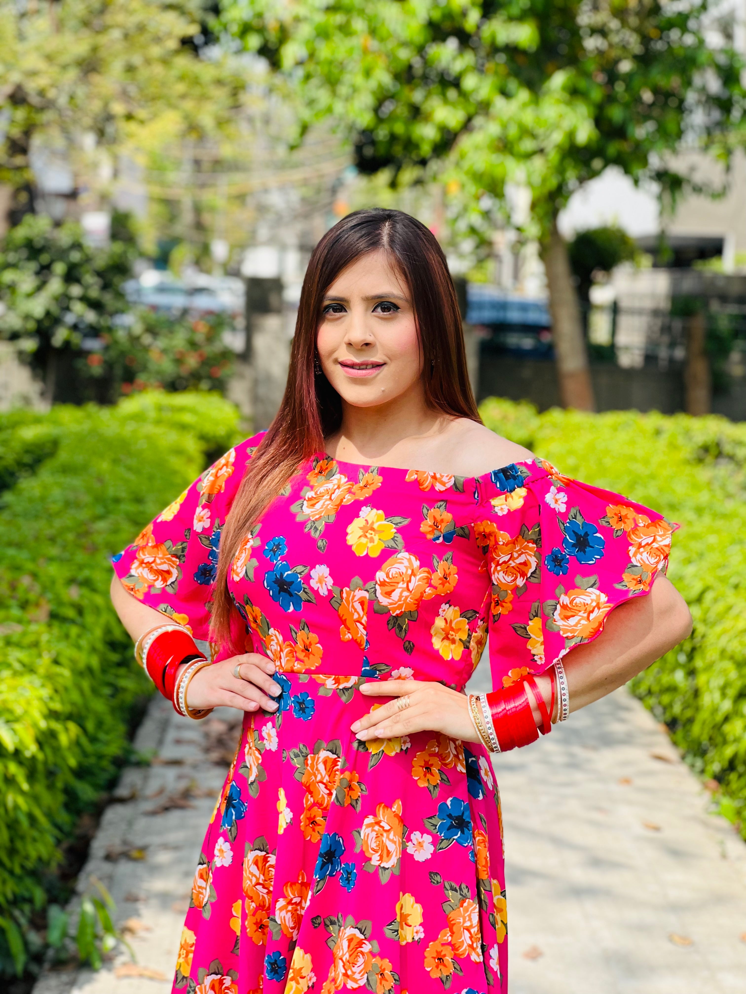 Pink Floral Off Shoulder Maxi