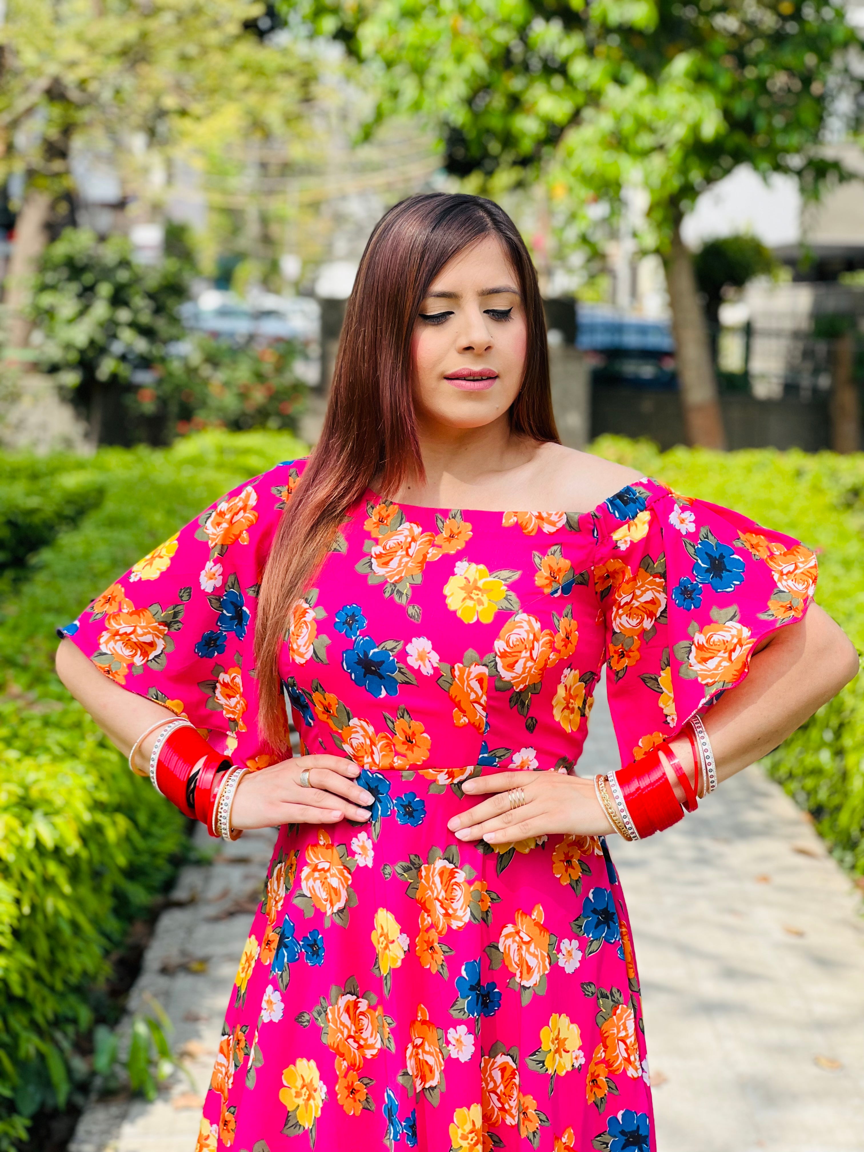 Pink Floral Off Shoulder Maxi