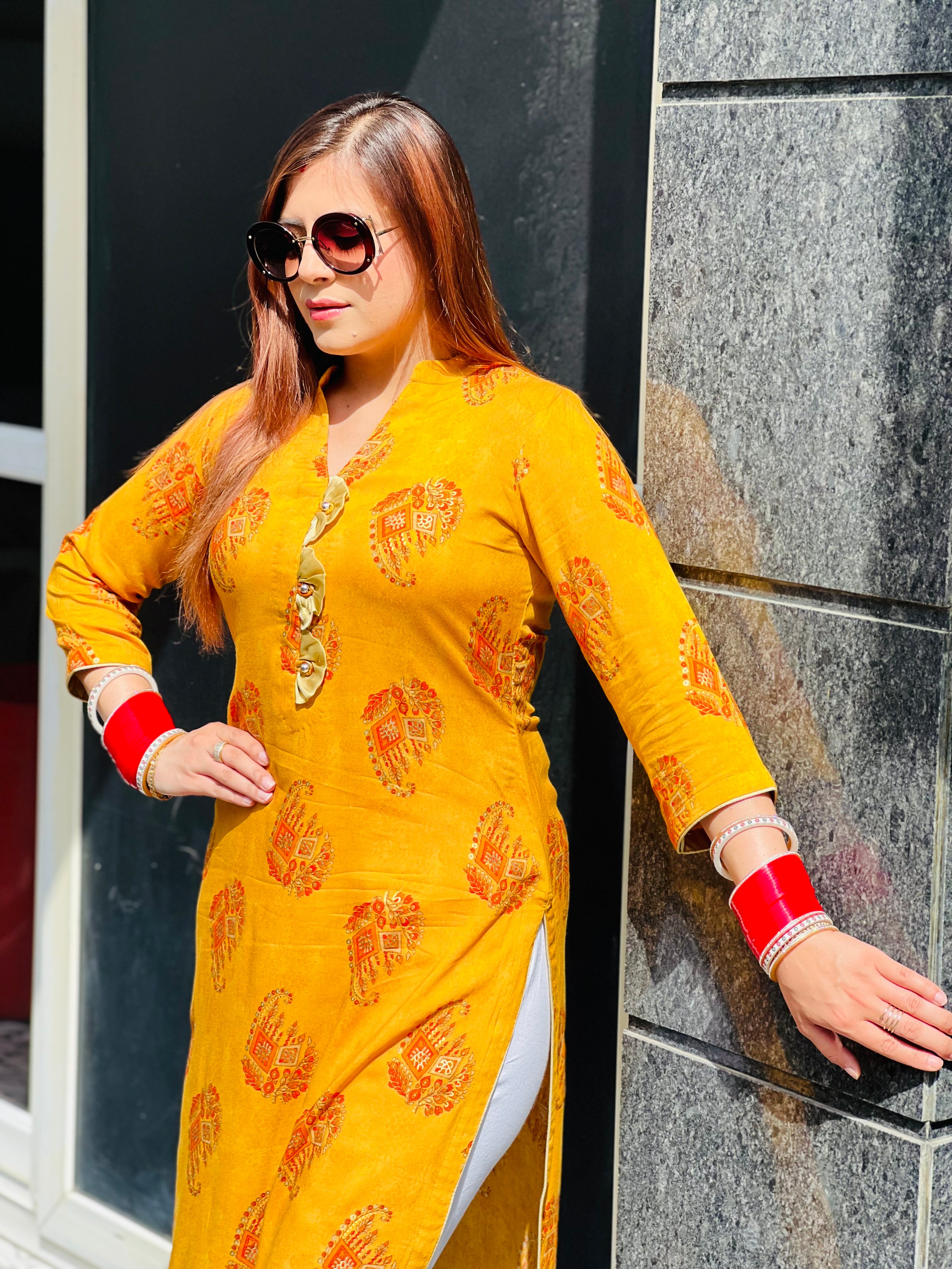 Yellow Printed Kurti
