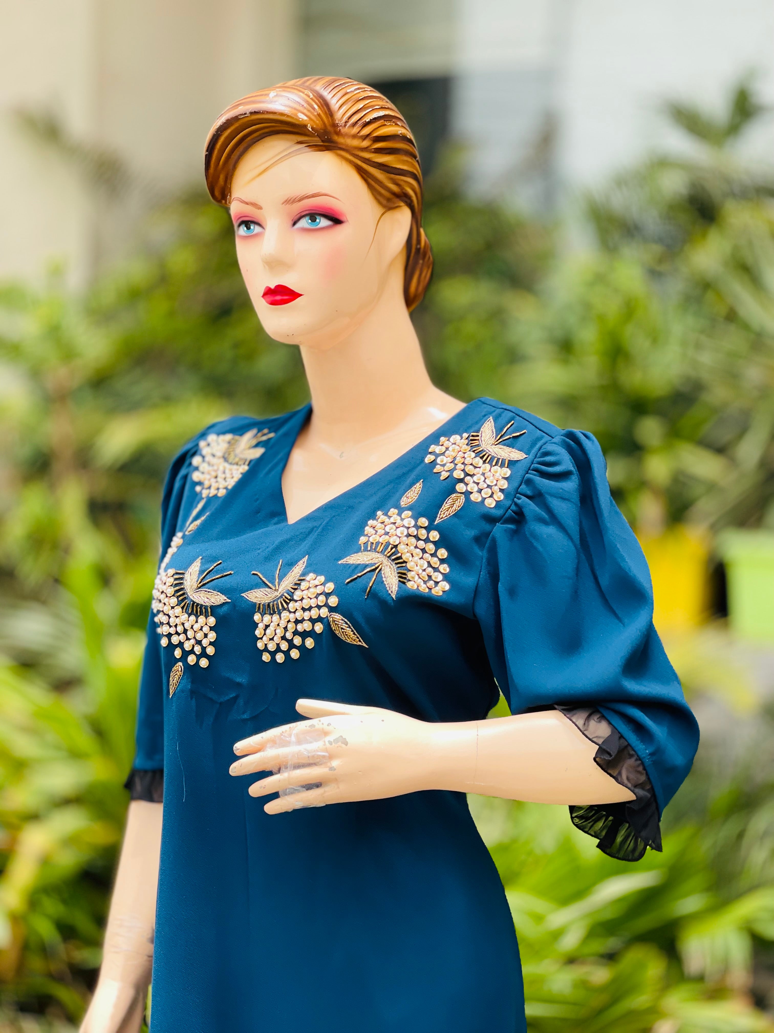 Teal Blue Embroidered Jumpsuit