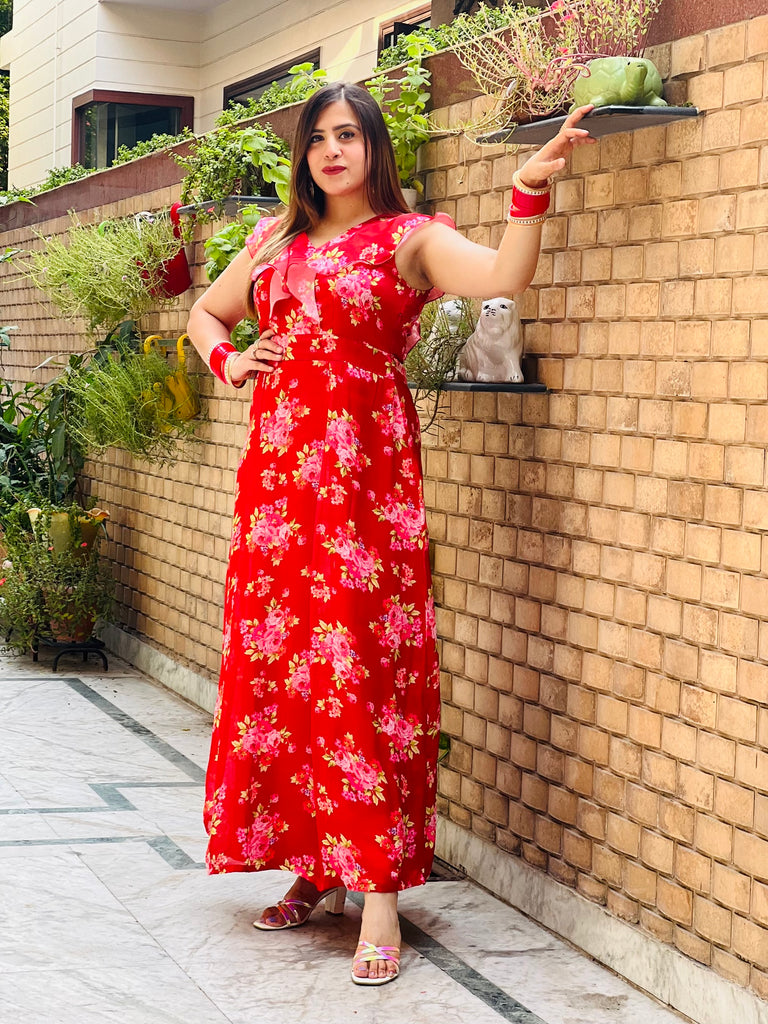 Red Floral Satin Maxi