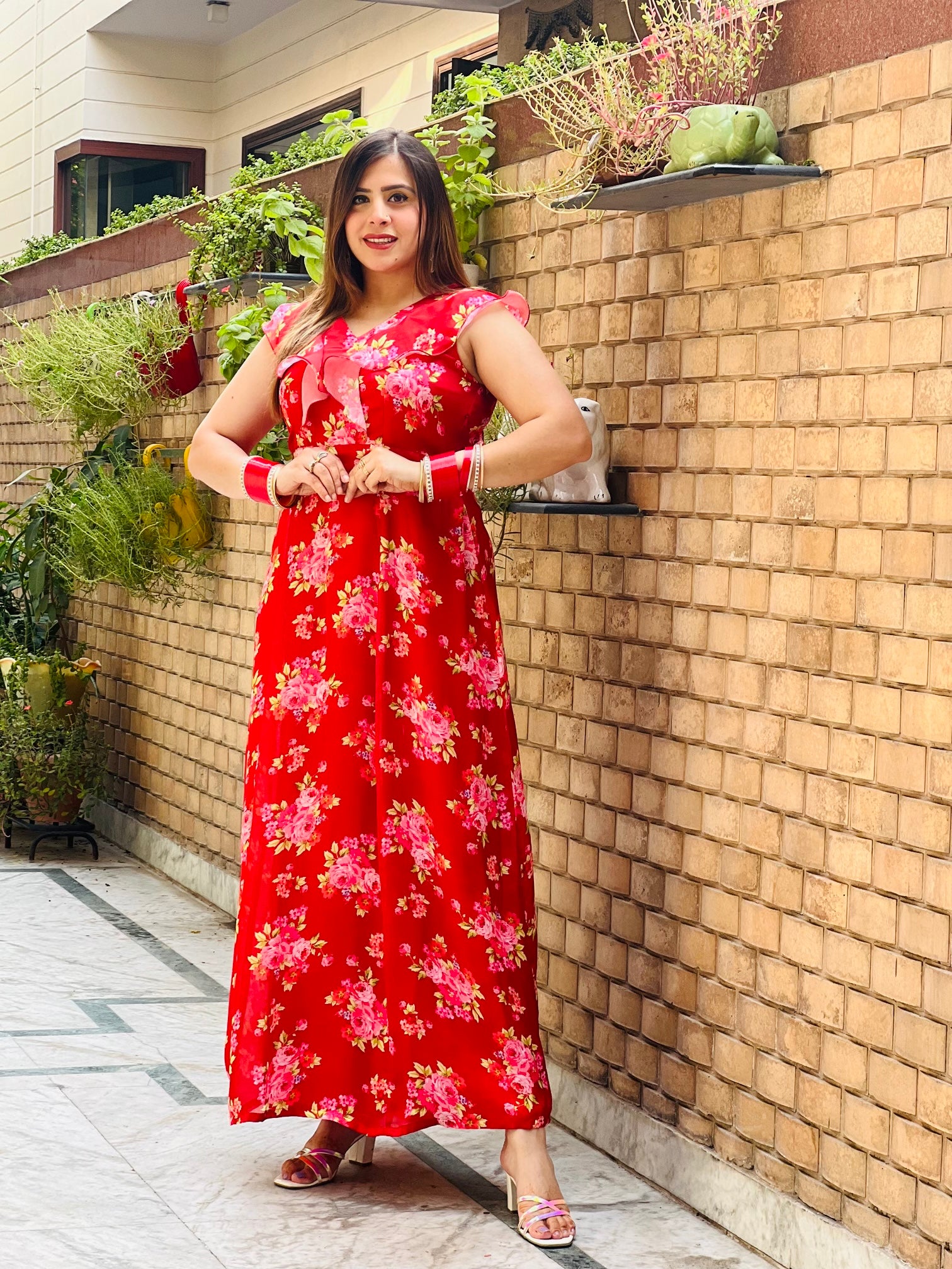 Red Floral Satin Maxi