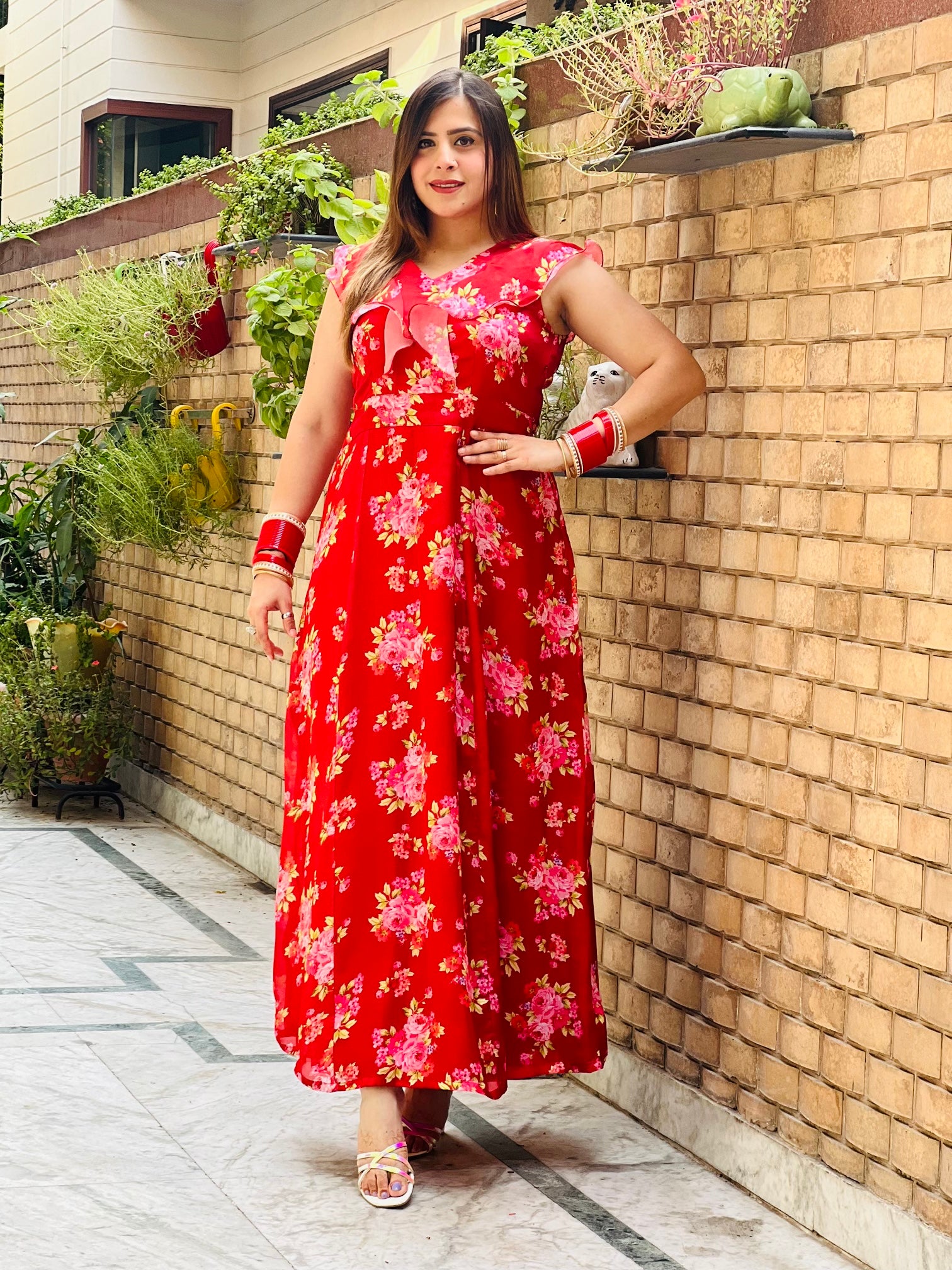 Red Floral Satin Maxi