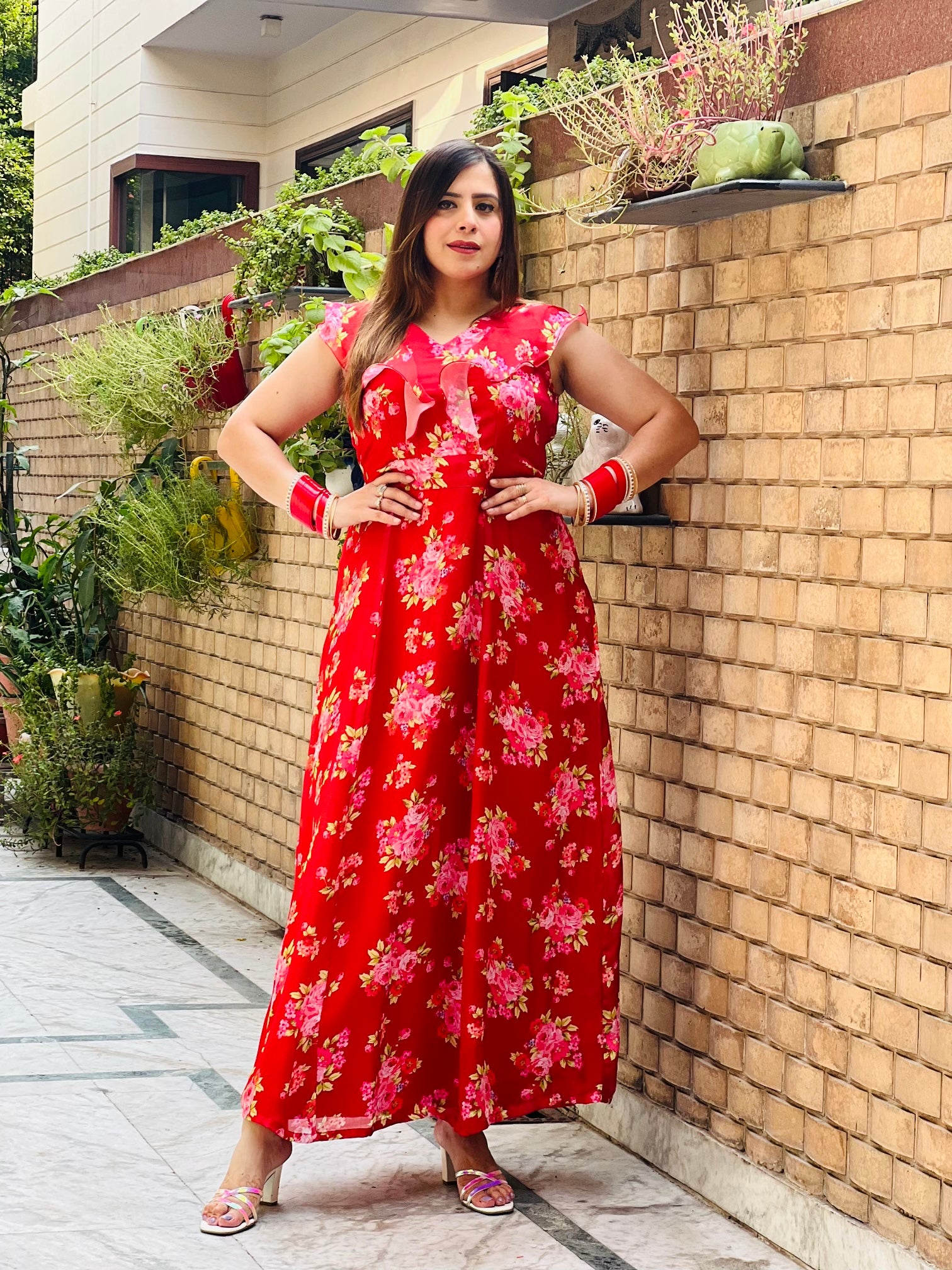 Red Floral Satin Maxi