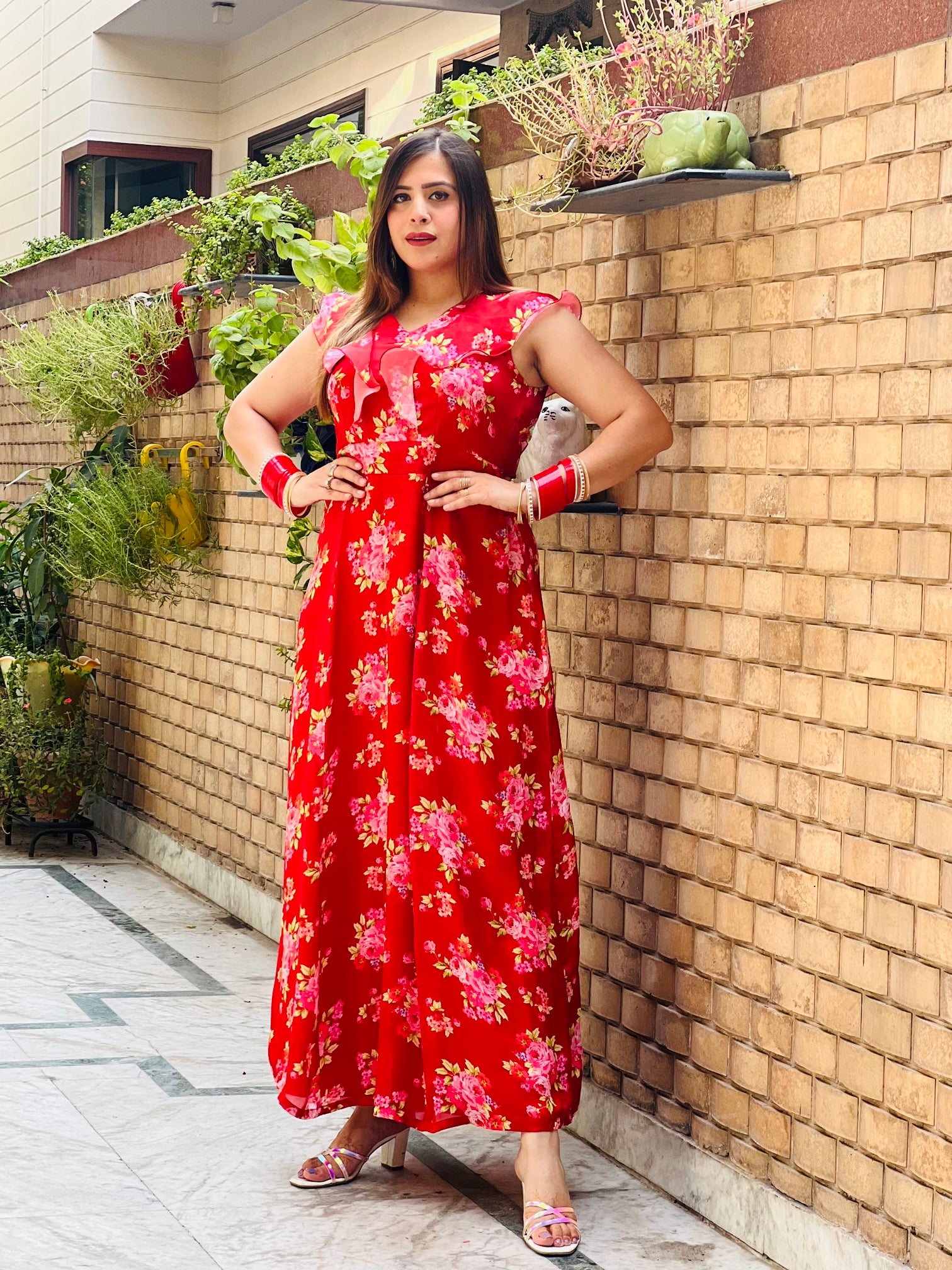 Red Floral Satin Maxi