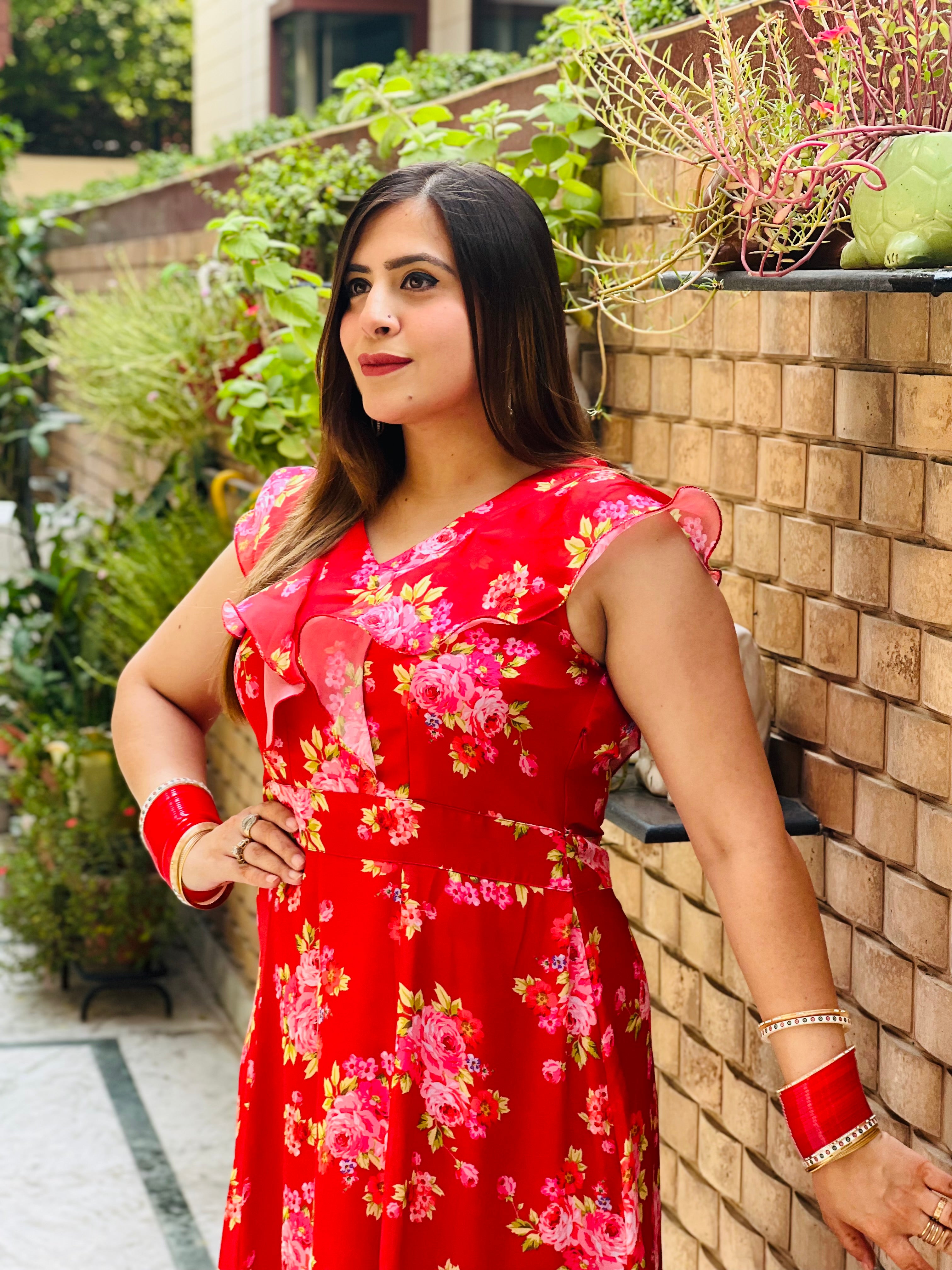 Red Floral Satin Maxi