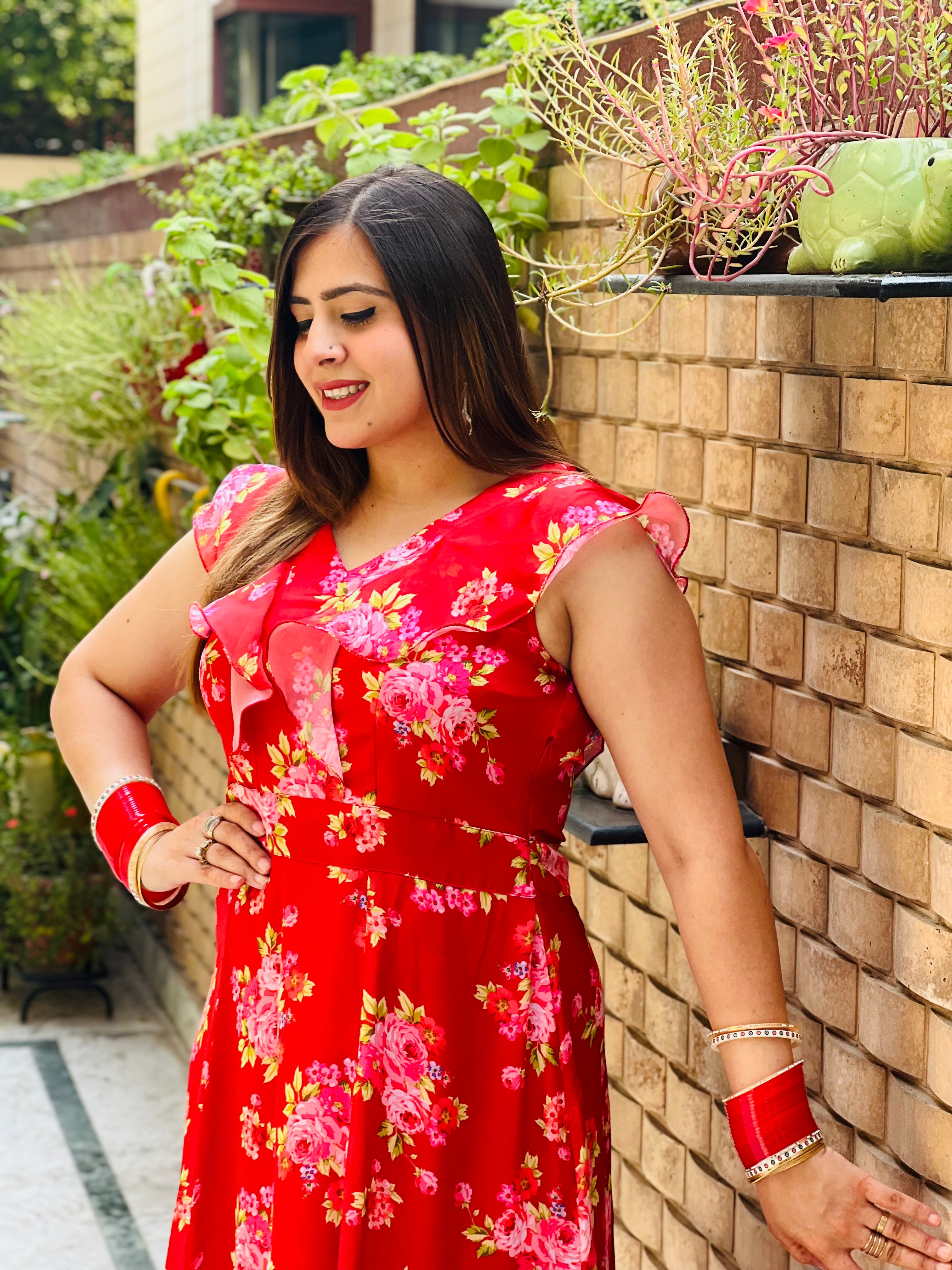 Red Floral Satin Maxi