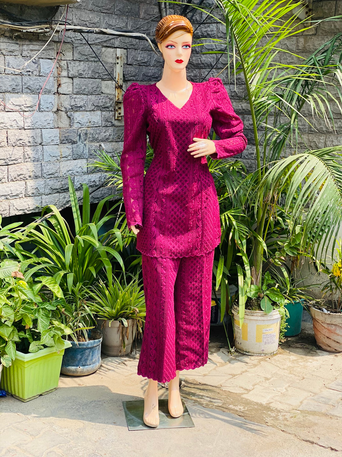 Wine Chikankari Co-Ord Set