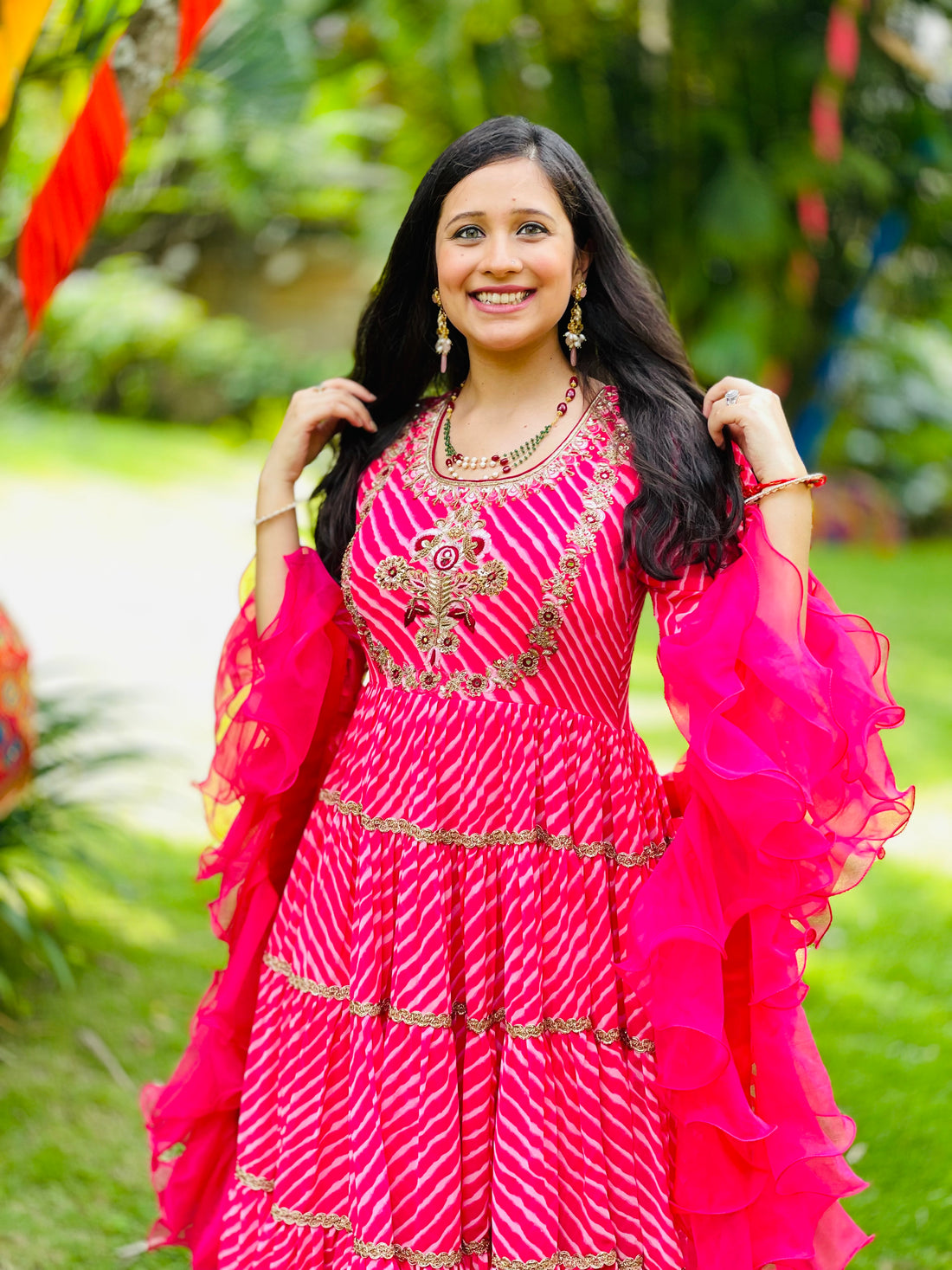 Pink Leheriya Partywear Anarkali