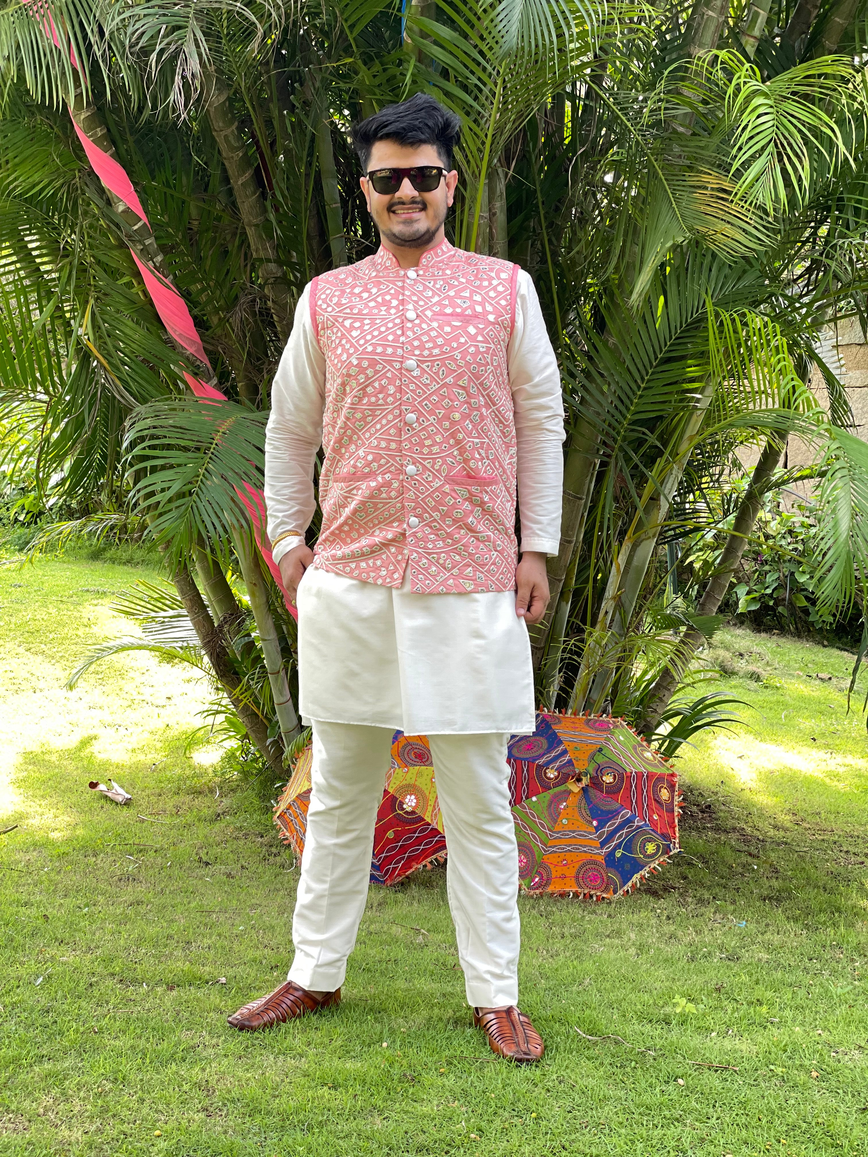 Menswear Peach & White Kurta Set