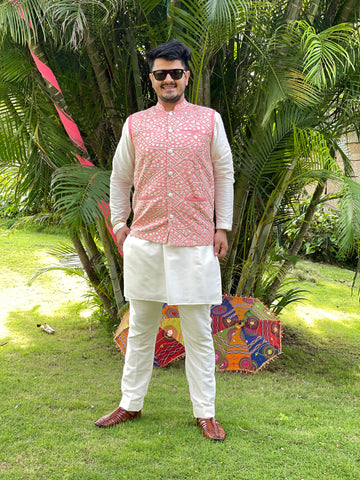 Menswear Peach & White Kurta Set