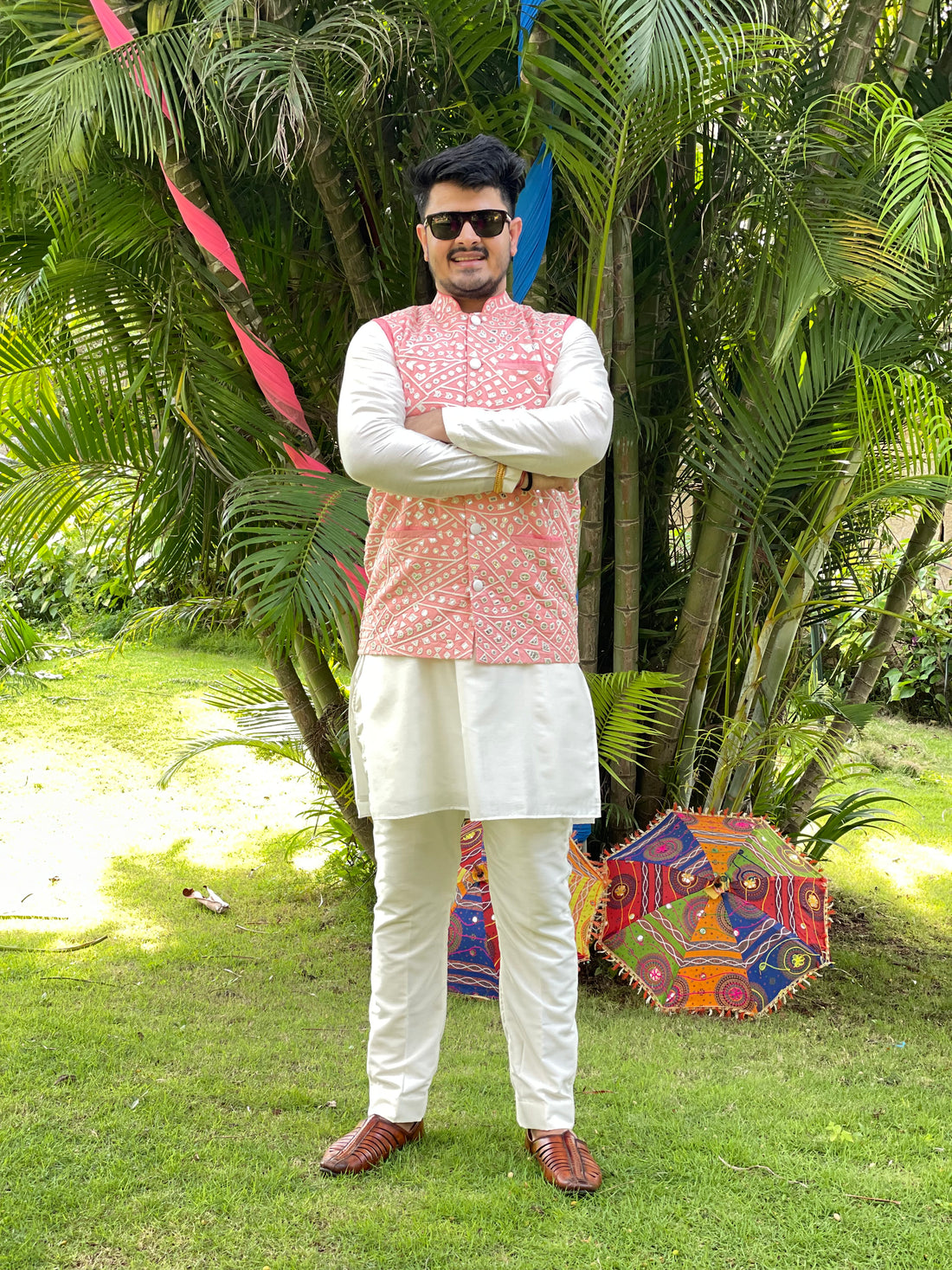 Menswear Peach & White Kurta Set