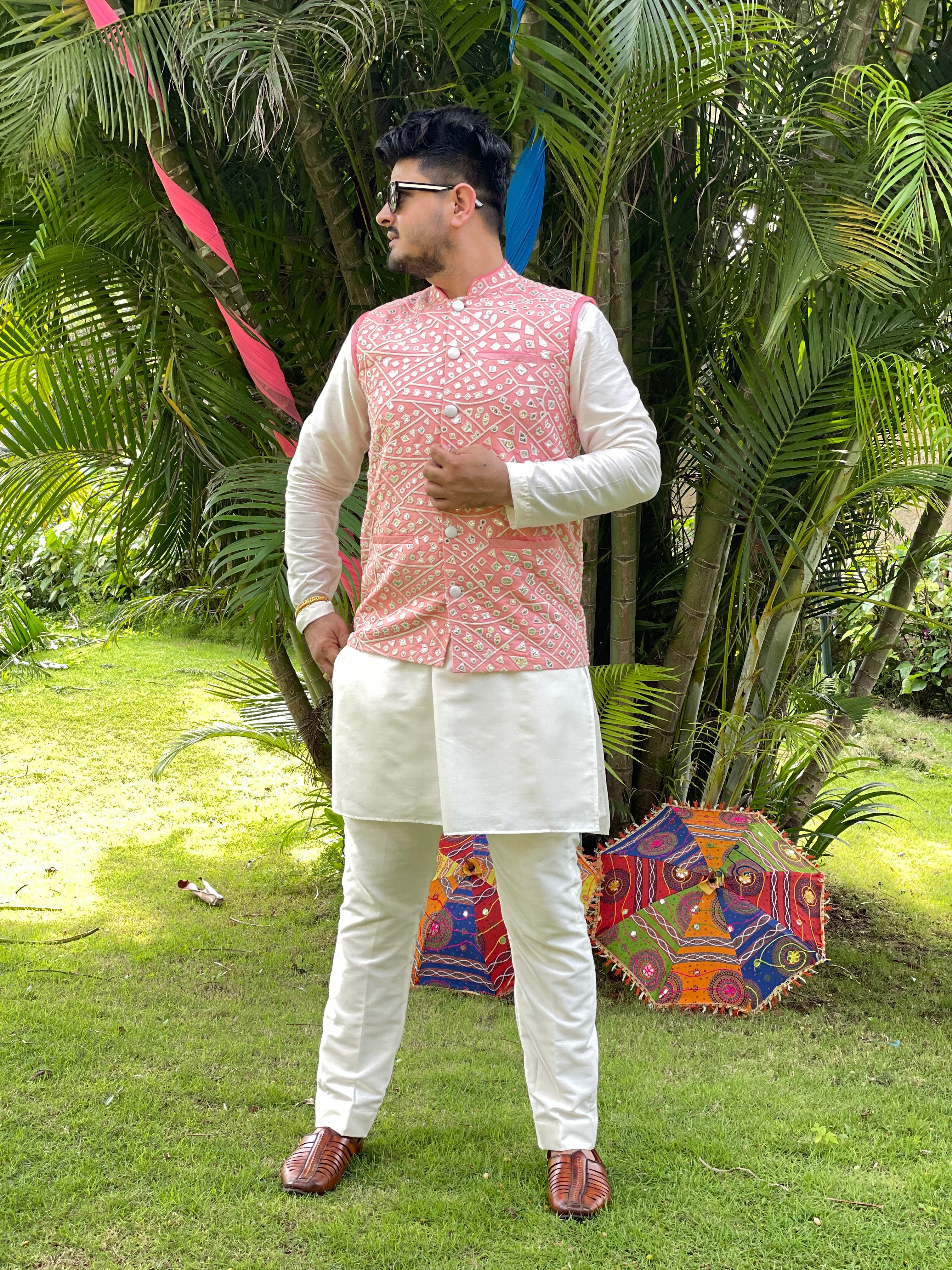 Menswear Peach & White Kurta Set