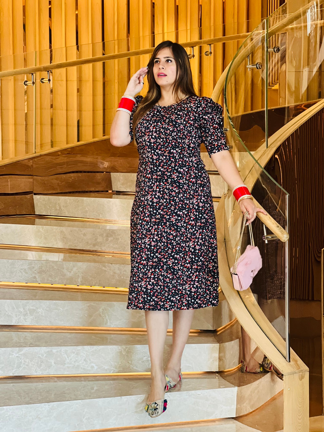 Navy Blue Pretty Floral Midi