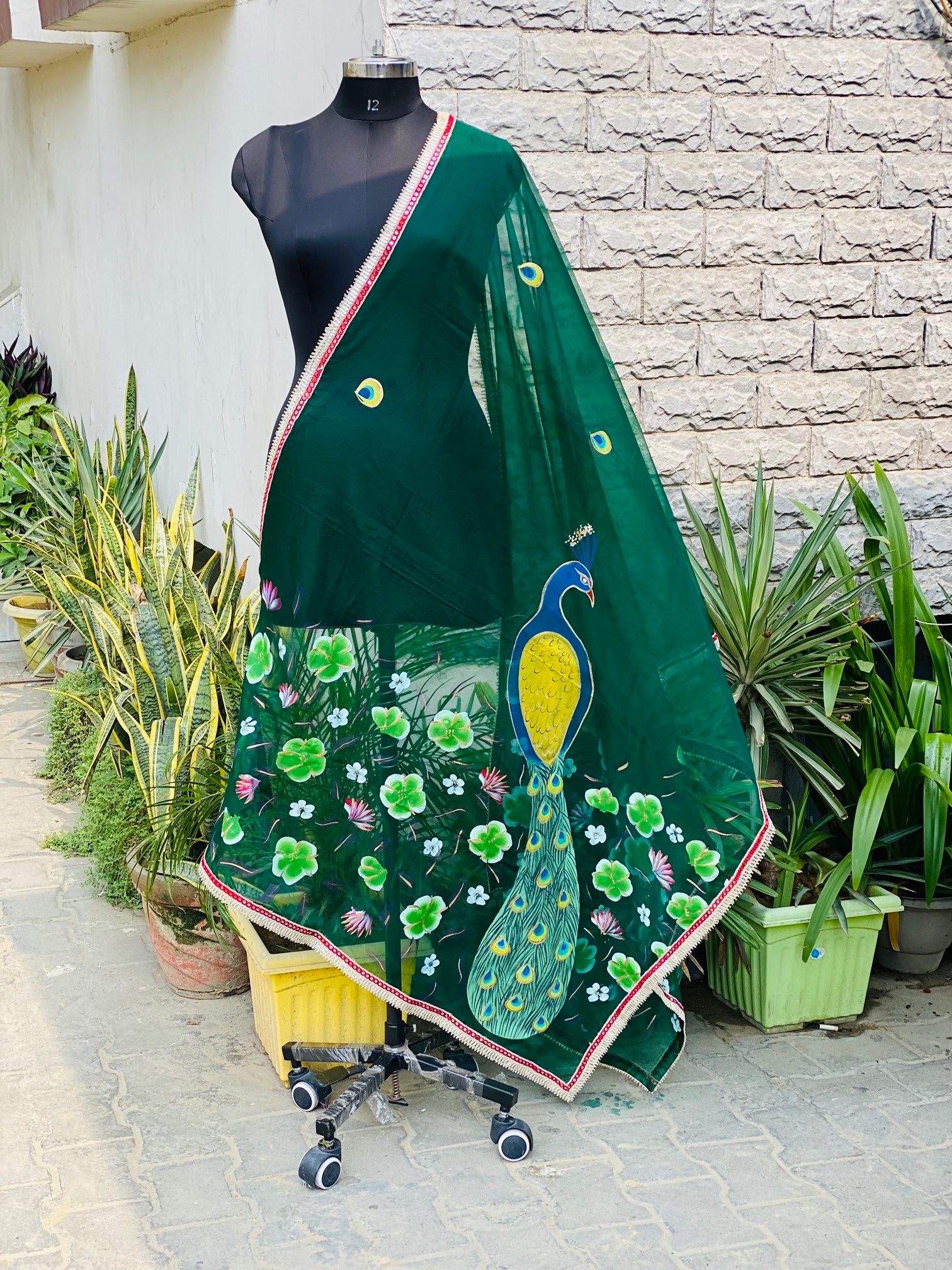 Bottle Green Peacock Dupatta