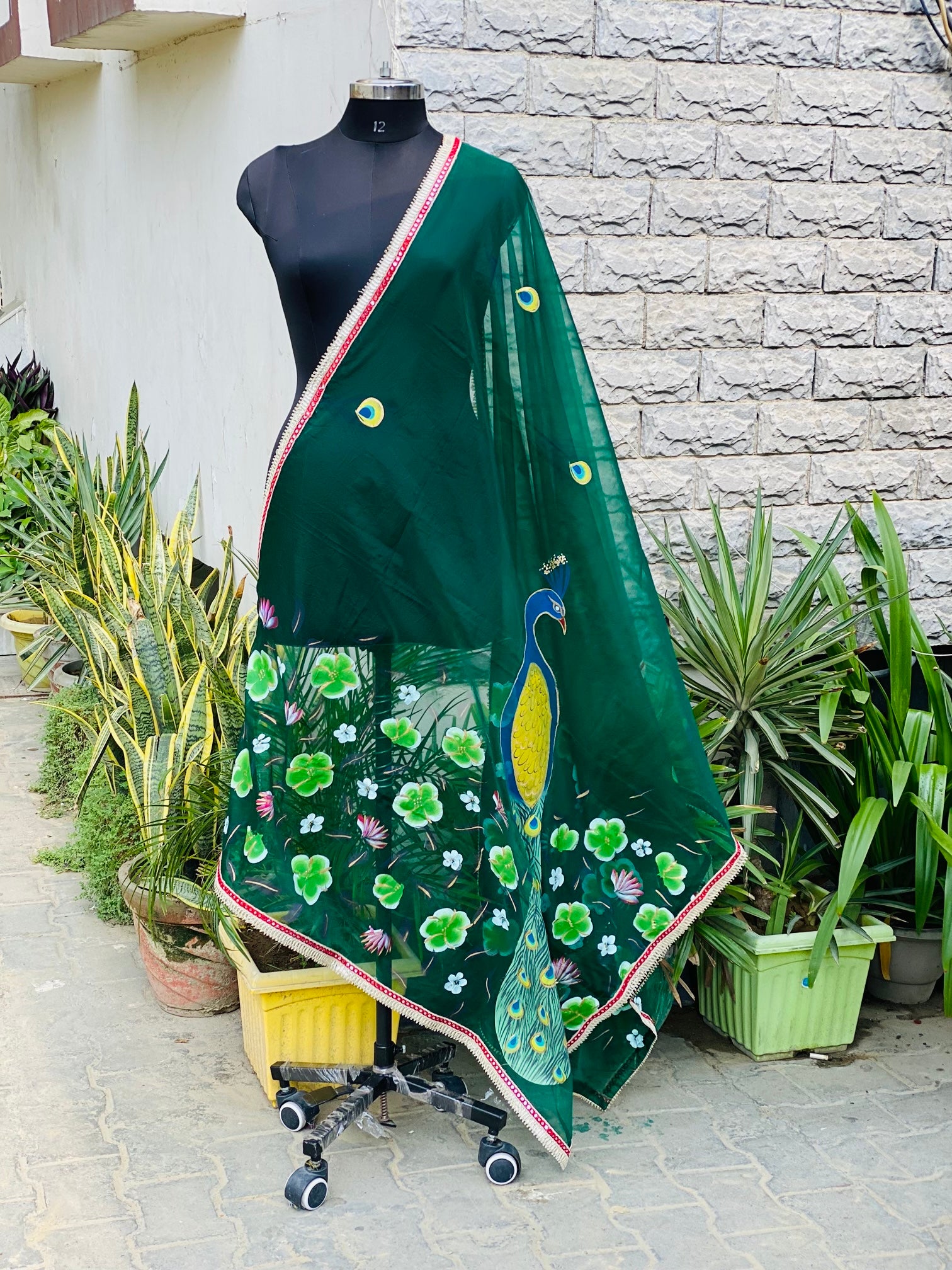 Bottle Green Peacock Dupatta