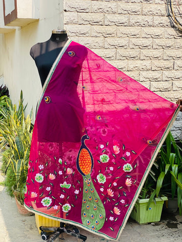 Hot Pink Hand Painted Dupatta