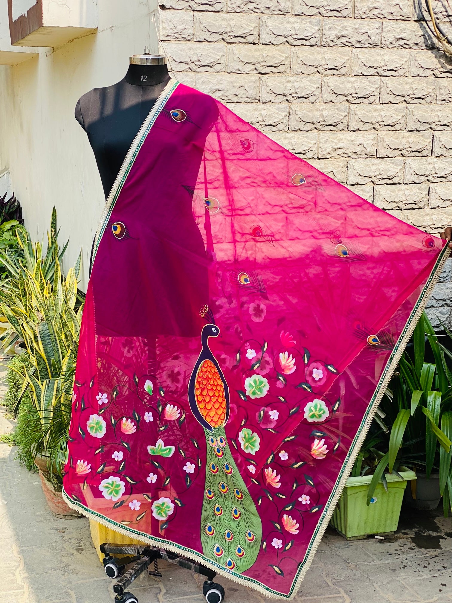 Hot Pink Hand Painted Dupatta