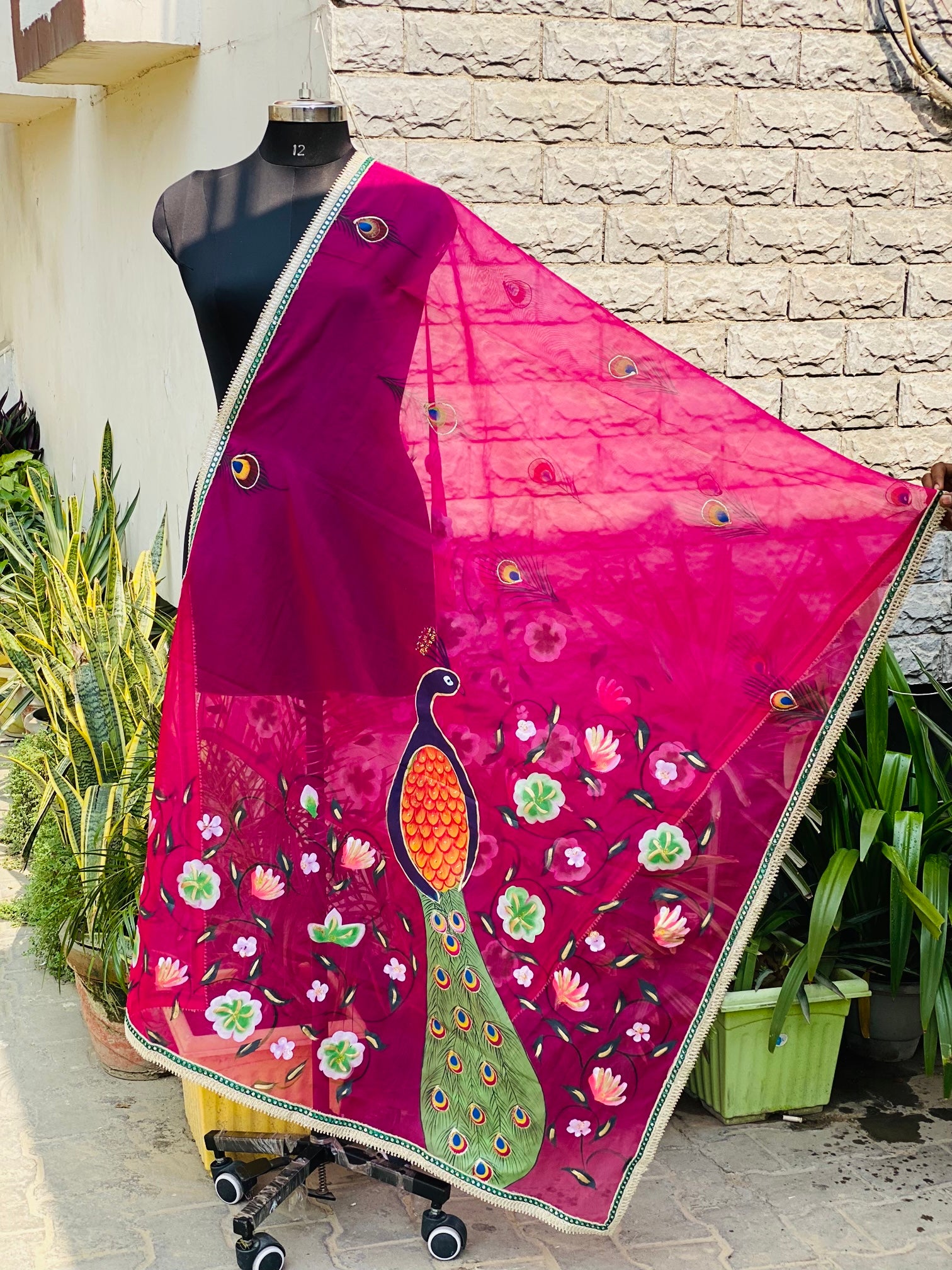 Hot Pink Hand Painted Dupatta